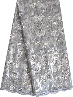 SanVera17 African Fabric 3D Sequins Net Fabrics Nigerian Embroidered Lace Fabric for Party Dress (Silver) 5 Yards