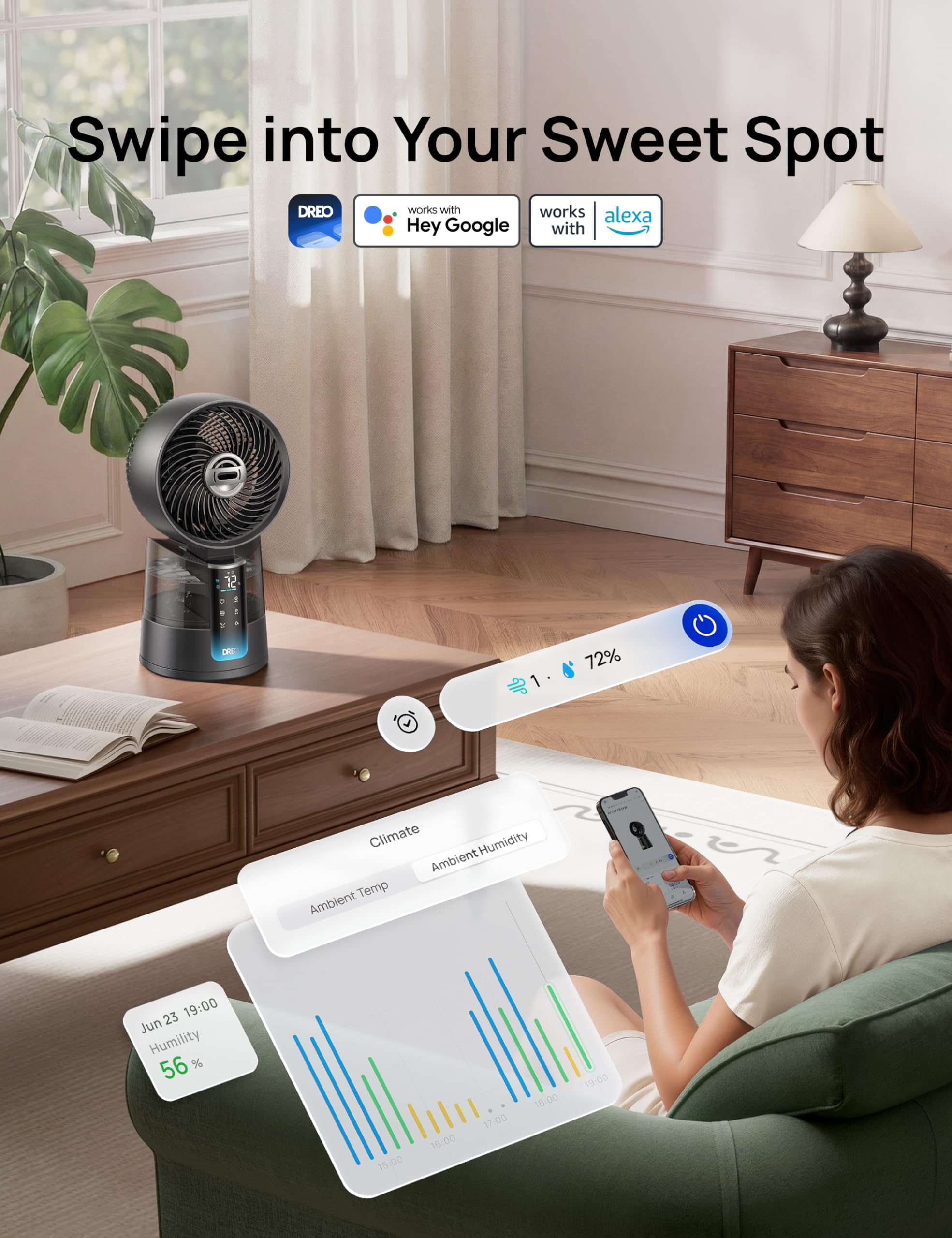 Dreo TurboCool Ventilador 516S, ventilador mesa oscilación 150° + 30°, enfriador evaporativo 7,9 m/s, niebla ultrafina, silencioso 20 dB, 6 velocidades, 2 modos, control app + mando.