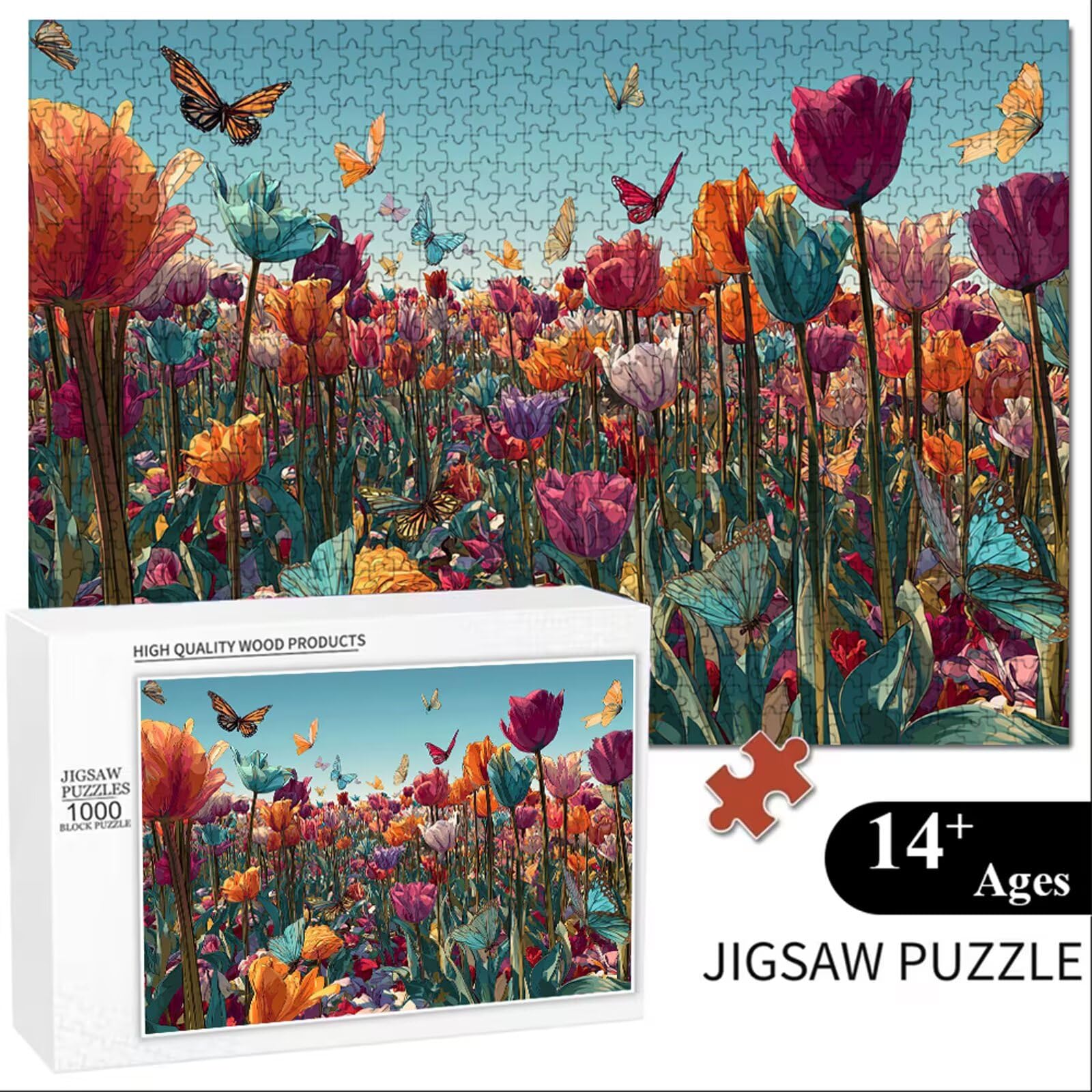 Puzzle 2000 elementów - Tulipan i motyl - Trwałe drewniane puzzle z literami z tyłu - 70 x 100 cm - Kreatywne hobby bez kurzu - Artykuł kolekcjonerski i ponad 14 lat P3#160