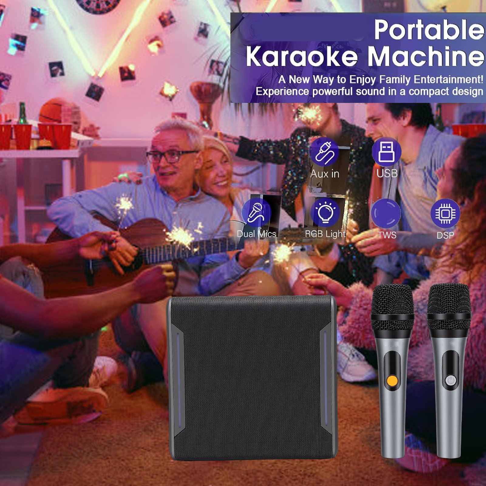 Fabater Máquina de Karaoke para Adultos y Niños, Altavoz Bluetooth Portátil con 2 Micrófonos Inalámbricos, Luces LED, PA Compatible con Tarjeta TWS/AUX/USB/TF para Fiestas en Casa Al