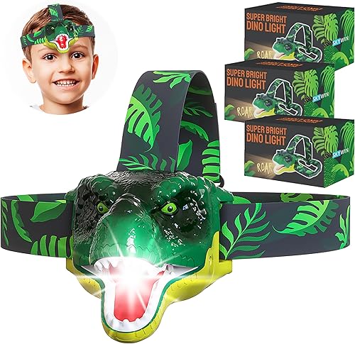 Skywin Faros delanteros para niños, paquete de 3, 2.8 x 2.9 x 2.7 pulgadas, linterna de dinosaurio para niños, boca de apretar para cambiar, lámpara