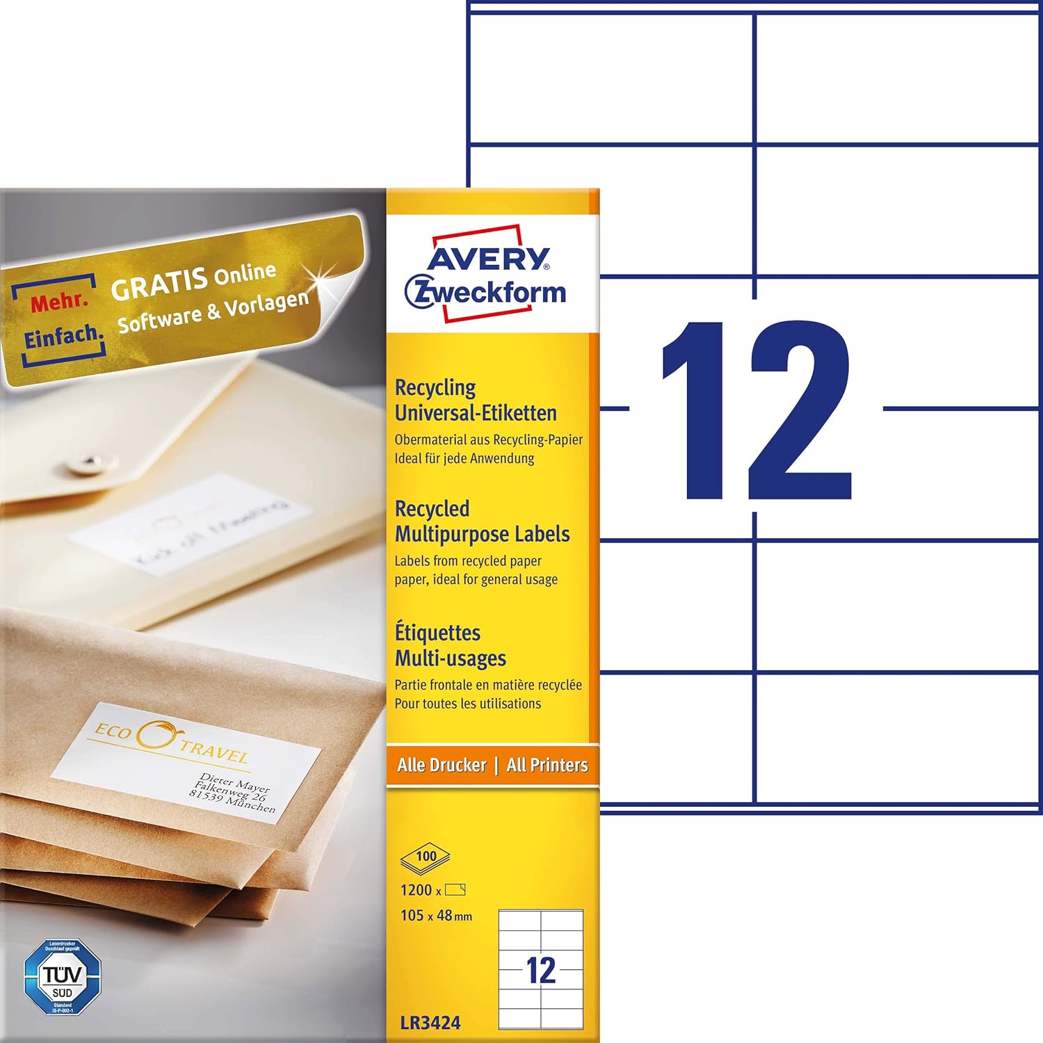 AVERY Zweckform LR3424 Recycled Labels (1,200 Address Labels, 105 x 48 mm on A4, 100% Recycled Recycled Paper, Printable Address Labels, Self-Adhesive Labels), 100 Sheets, Natural White