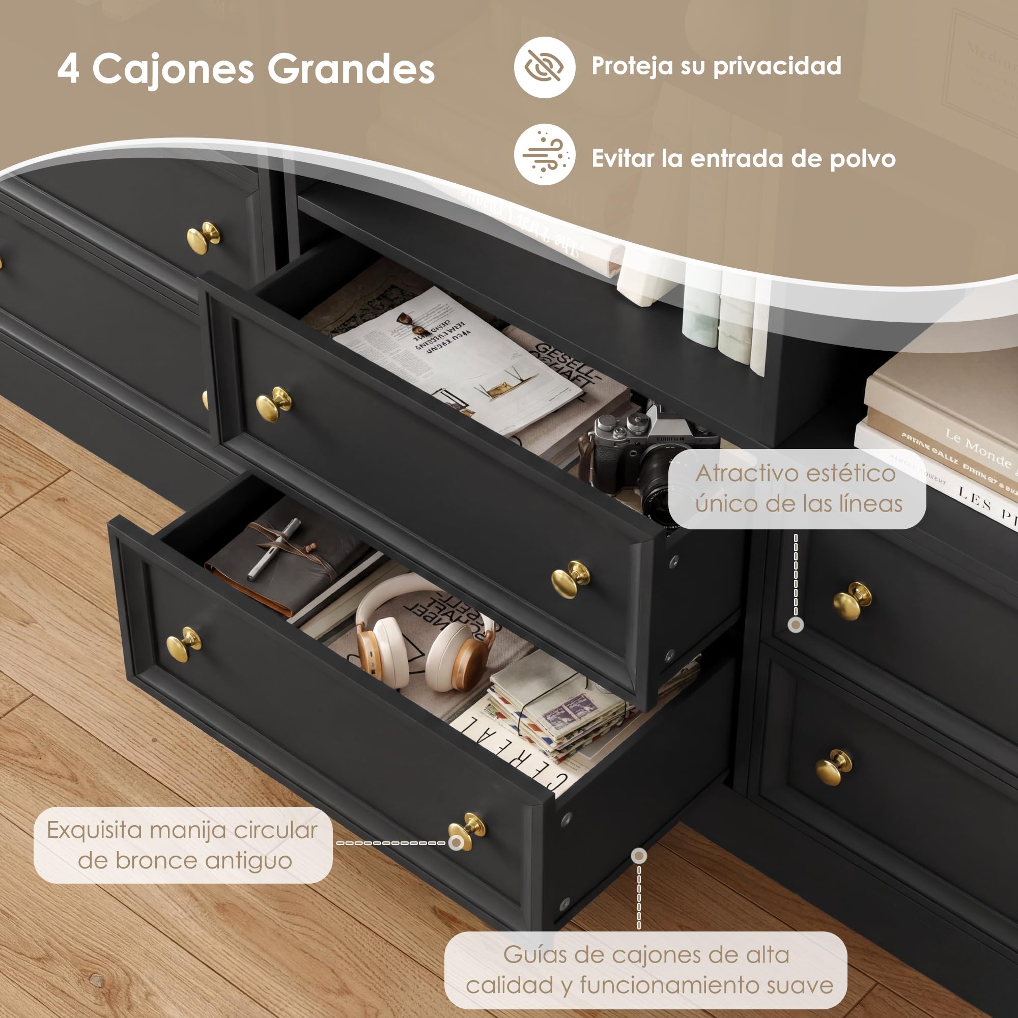 FirFurd 180cm Estantería con 4 Cajones, Estantería Libros, Librería Salon | Libreria Madera con 8 Compartimentos, Mueble Almacenaje para Oficina, Salón, Estudio, Grande y Alta, Negro, 100x30x180cm