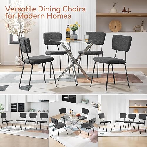 Miniatura 7 de Juego de 4 sillas de comedor, modernas sillas de cocina Boucle con patas de metal negro, silla decorativa tapizada gris para cocina, comedor, sala
