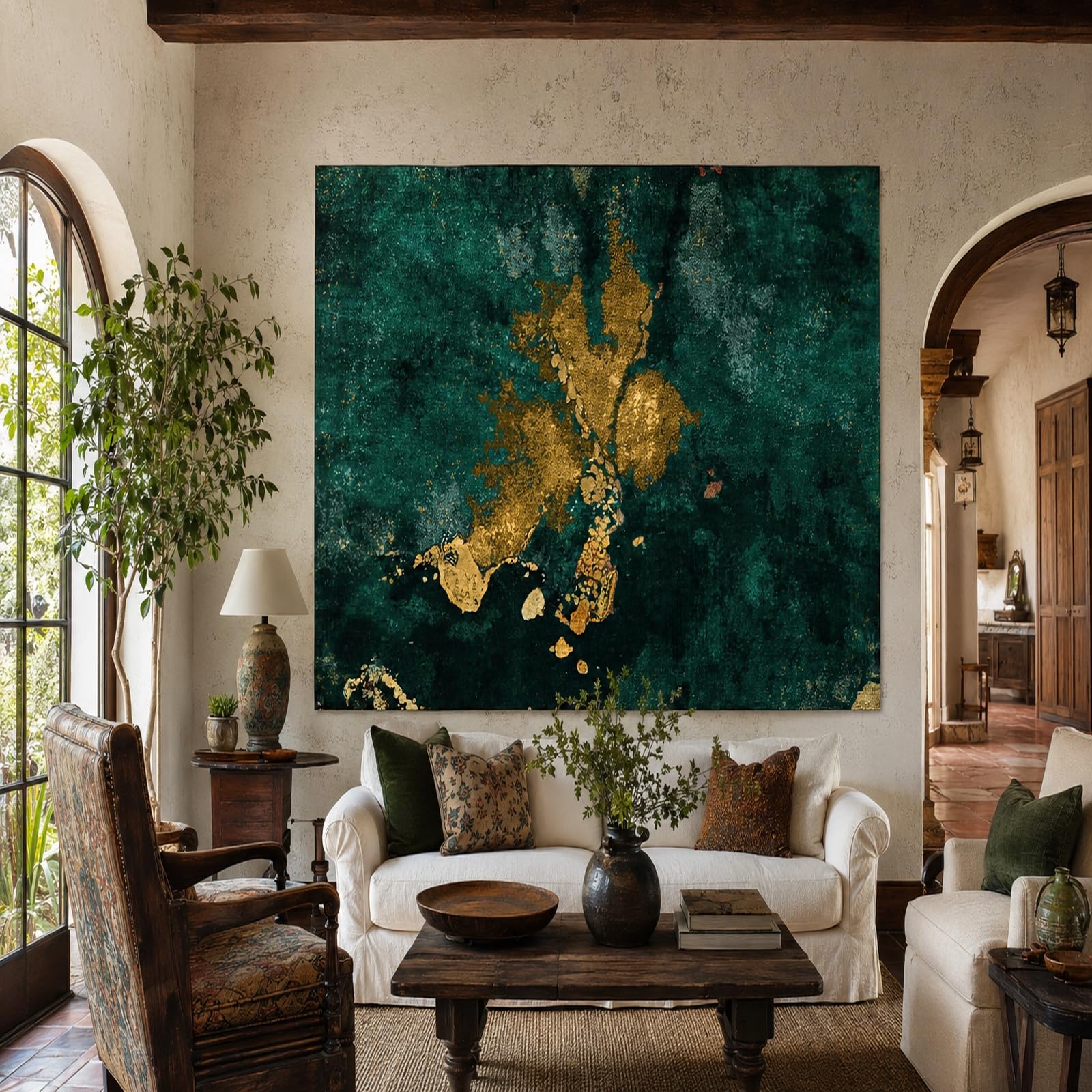 Gobeliny bardzo duże 180 x 230 cm, niestandardowy obraz logo tekst spersonalizowany gobelin wiszący na ścianie, abstrakcyjna zieleń, żółty,