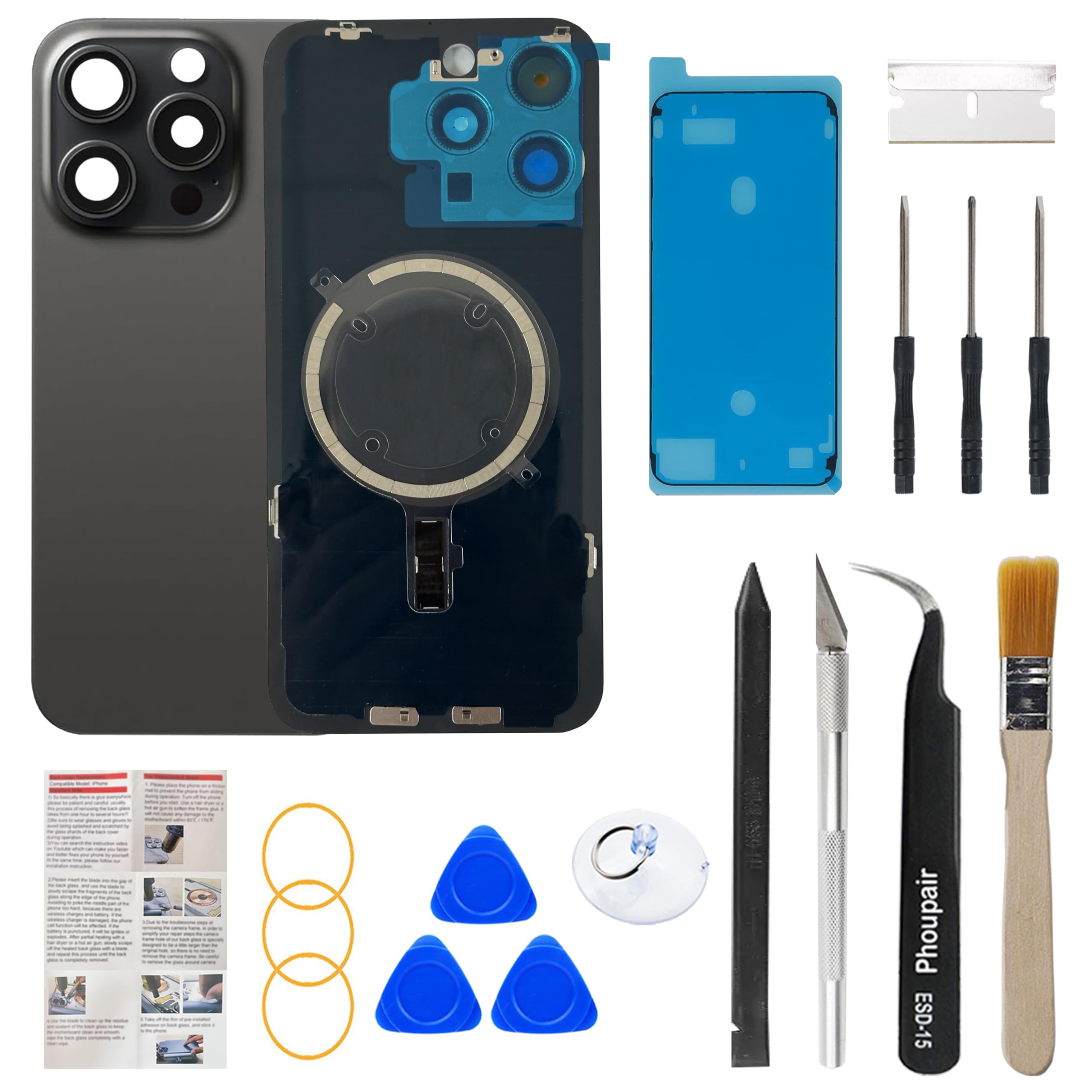 OEM Back Glass Replacement Compatible with iPhone 15 pro max 6.7 Inches with Camera Frame and Camera Lens + Professional Repair Tool Kit and Installation Instruction (Black Titanium) Black Titanium iPhone 15 Pro Max