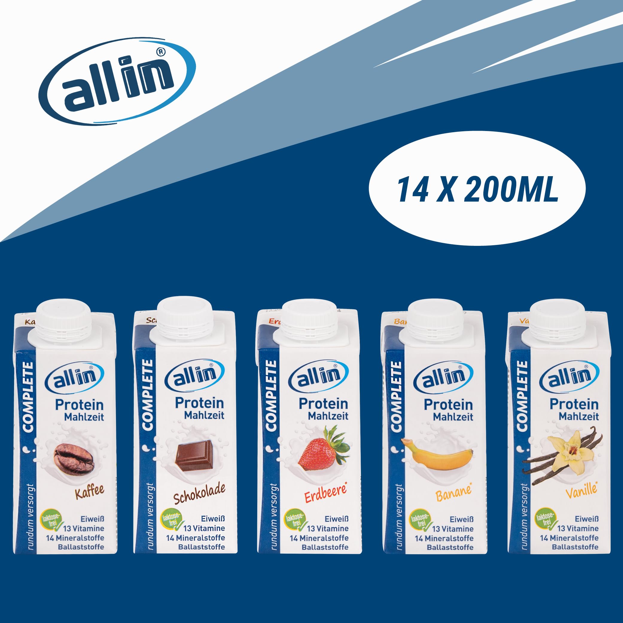 all in® COMPLETE Protein Drink Sorten Vanille, Kaffee, Schokolade, Erdebeere, Banane 14 x 200 ml - Hochkalorische Trinknahrung auf Milch-Basis | Protein Shake Mahlzeit zur schnellen Gewichtzunahme