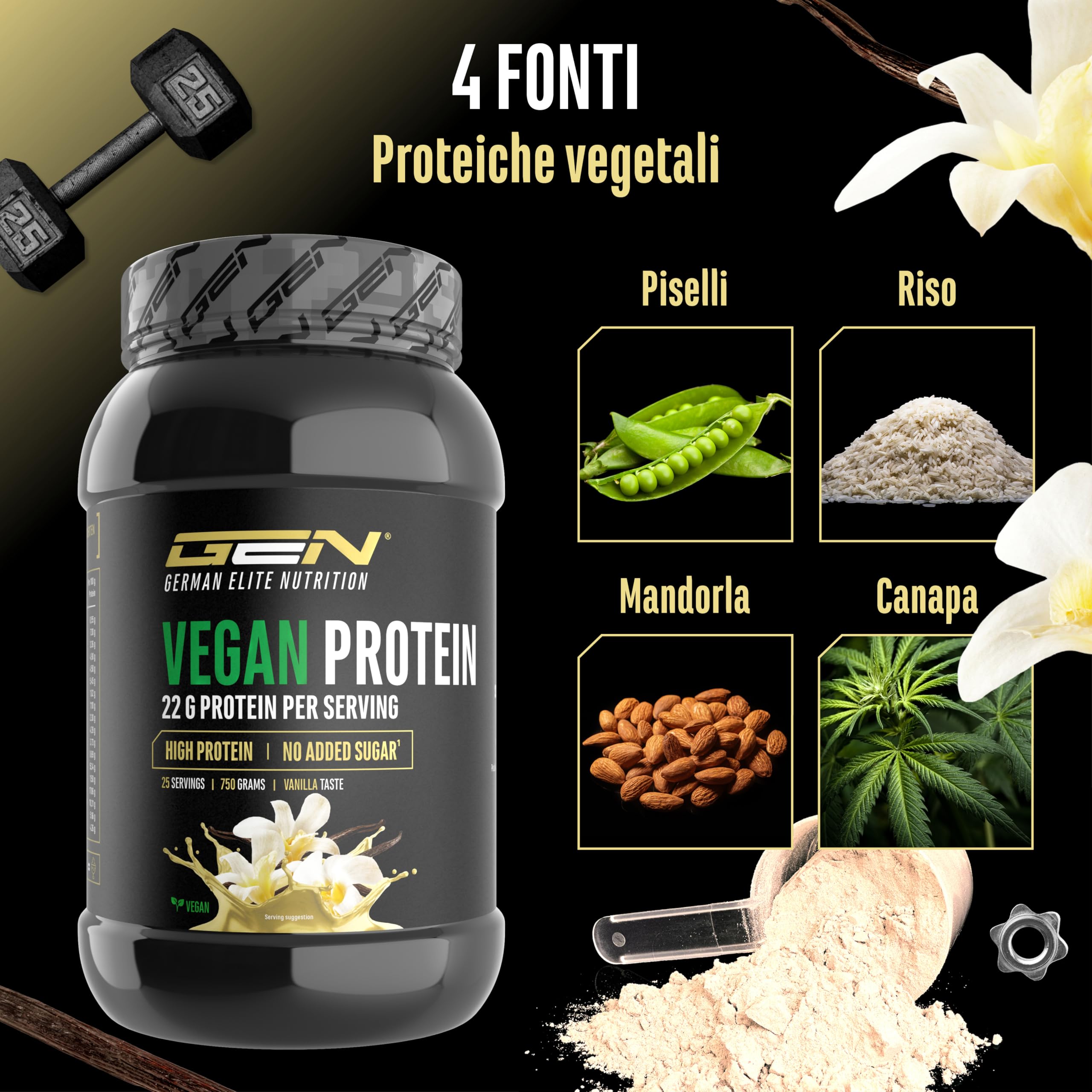 Proteine vegane in polvere - Proteine vegetali da piselli, riso, mandorle e canapa - Senza soia - Deliziose e cremose - (750 g, vaniglia)