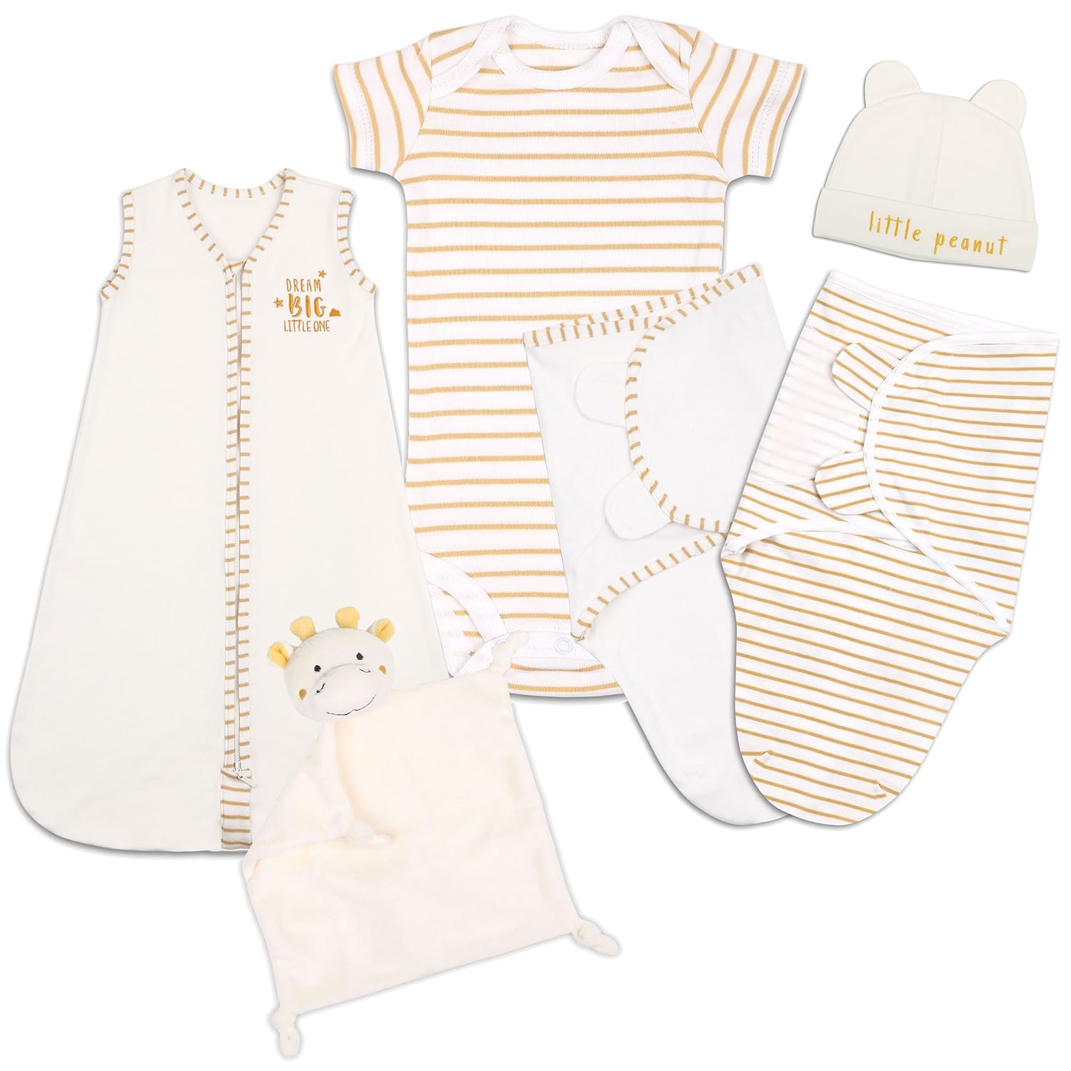 Baby Layette Gift Set White/Gold Sleep Bag, Swaddles, Bodysuit, Hat