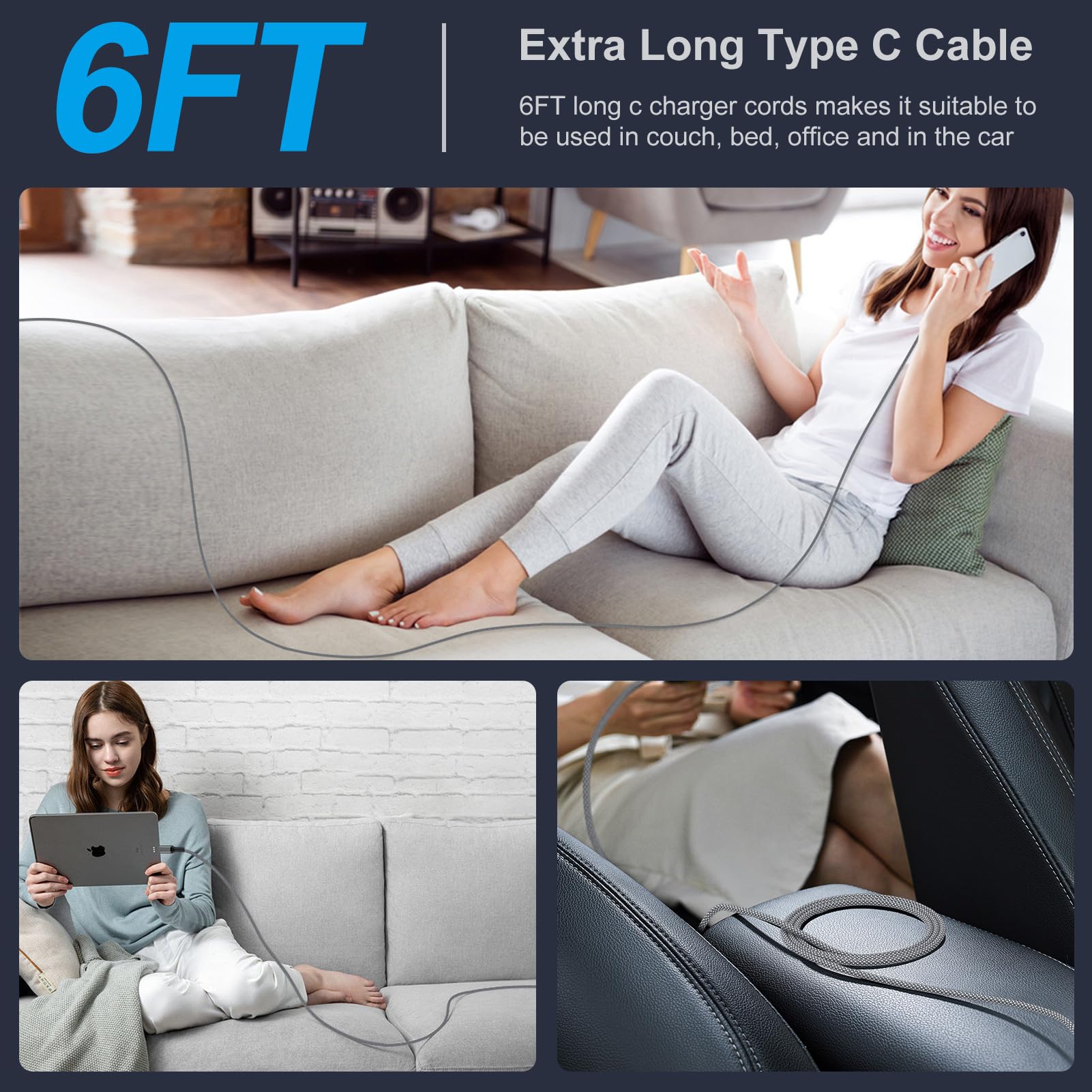 Cable de carga USB A a USB C para iPhone 17 16 15 Pro Max Air 16e 16 15 Plus Cable Carplay para coche, cable trenzado de carga rápida para Galaxy S25 A17 A16