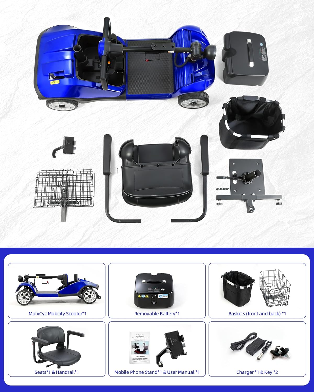 Exploded view of MobiCyc MS08 scooter components including main body, seat, armrests, baskets, battery, charger, and manual.