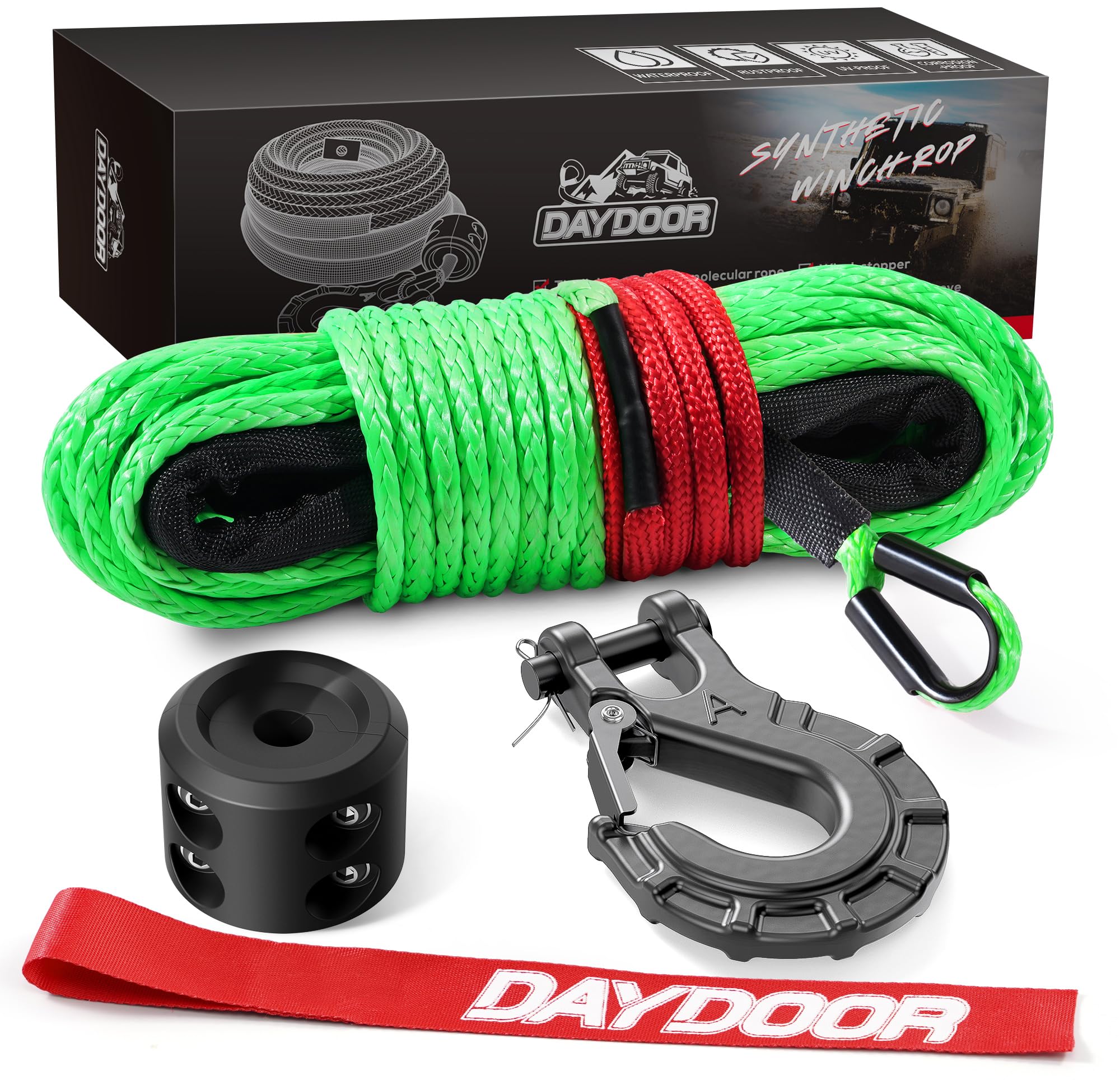 DAYDOOR Synthetic Winch Rope, 1/4 Inch x 50ft 10,000LBS Synthetic Winch Line, Winch Cable for Offroad Vehicle 4WD ATV UTV, Synthetic Rope with Forged Winch Hook and Rubber Stopper (Green)