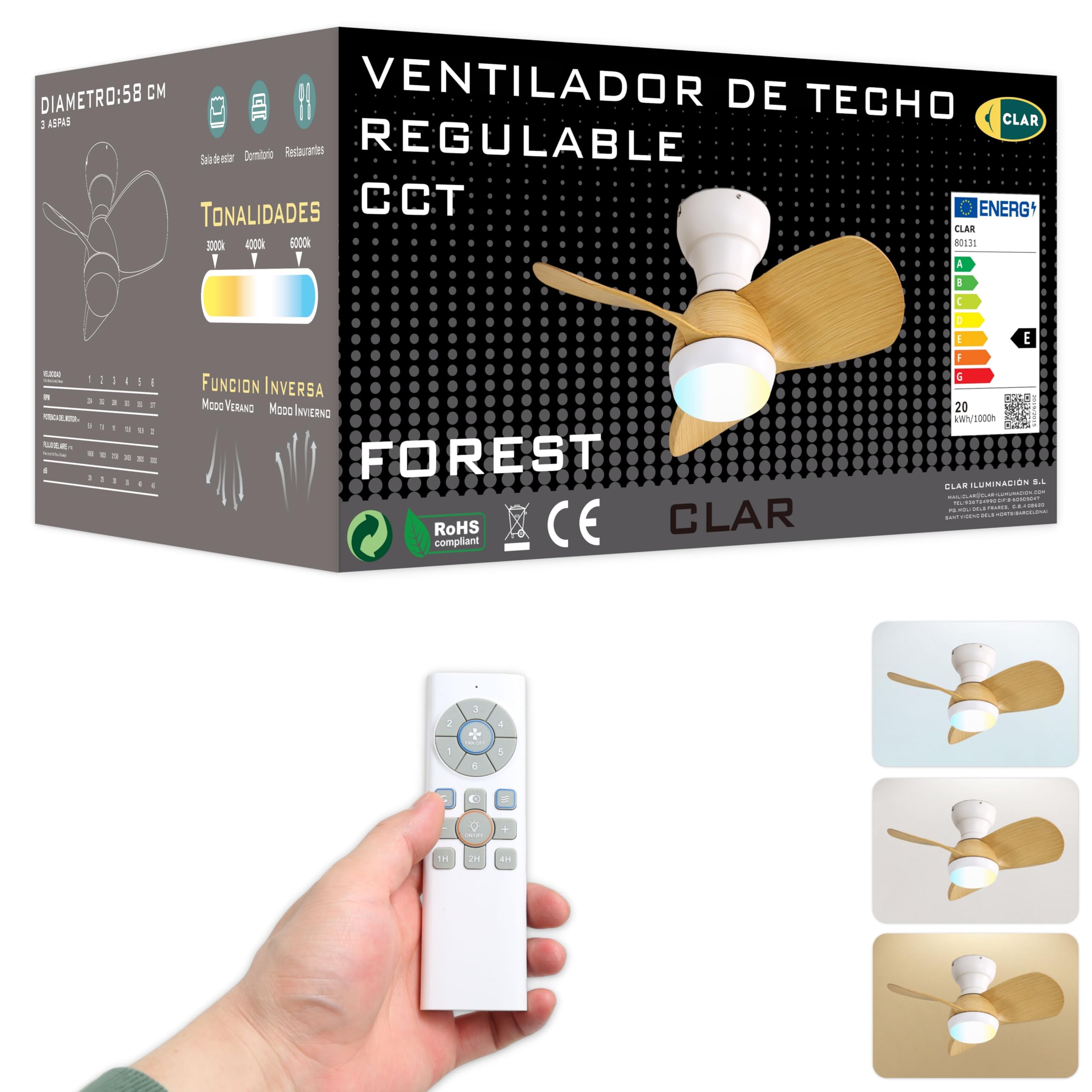 CLAR - Ventilador de Techo con Luz Pequeño, Ventilador Techo Silencioso para Habitación Pequeña con Mando y Motor Reversible, Ceiling Fan with Light