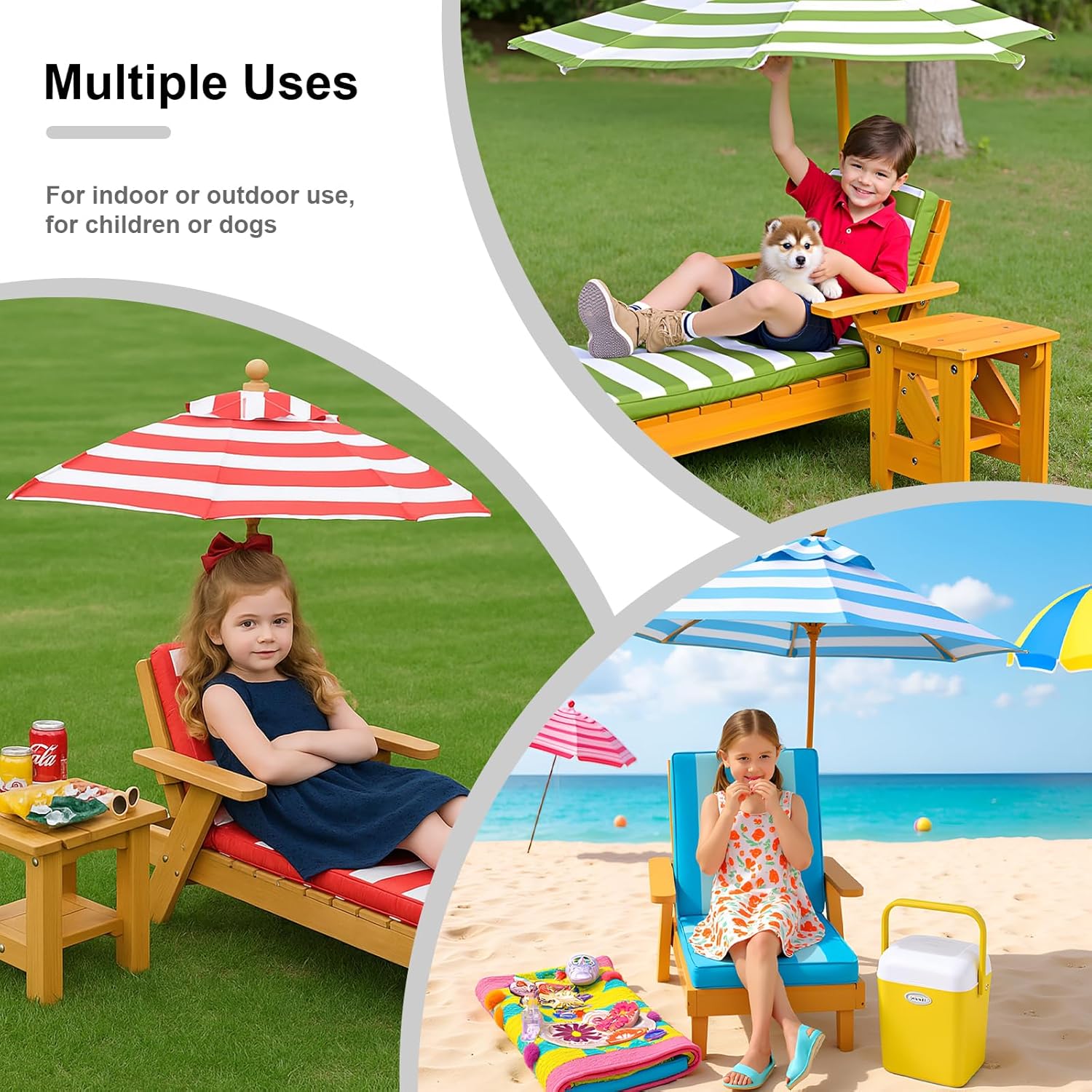 Kids Lounge Chair Outdoor, Kids Lounge Chair, Removable Striped Fabric Cushions, Outdoor Chaise Lounge with Parasol, Cushions and Coffee Table for Children or Dogs Dark Blue 14.5x35.9x20.1in
