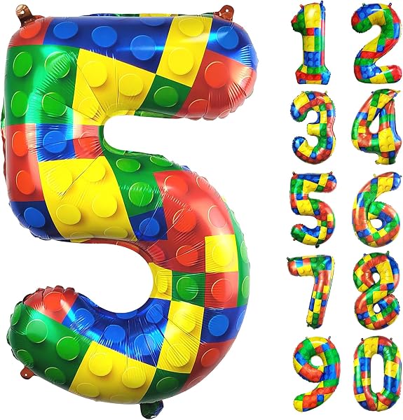 CHANGZHONG 32 Inch Building Block Number 5 Balloons 5 year old Large Big Helium Foil Mylar Balloon for Girls Boys 5th Birthday Party Decoration Supplies - 1