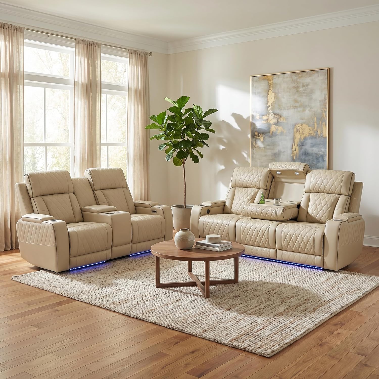 FUOROLA Living Room Furniture,Leather Sofas for Living Room Set with Power Recliner,Sofa Set with USB Ports Wireless Charger Faux Leather Sofa + Loveseat Home Theater Seating & Storage & Cup Holders