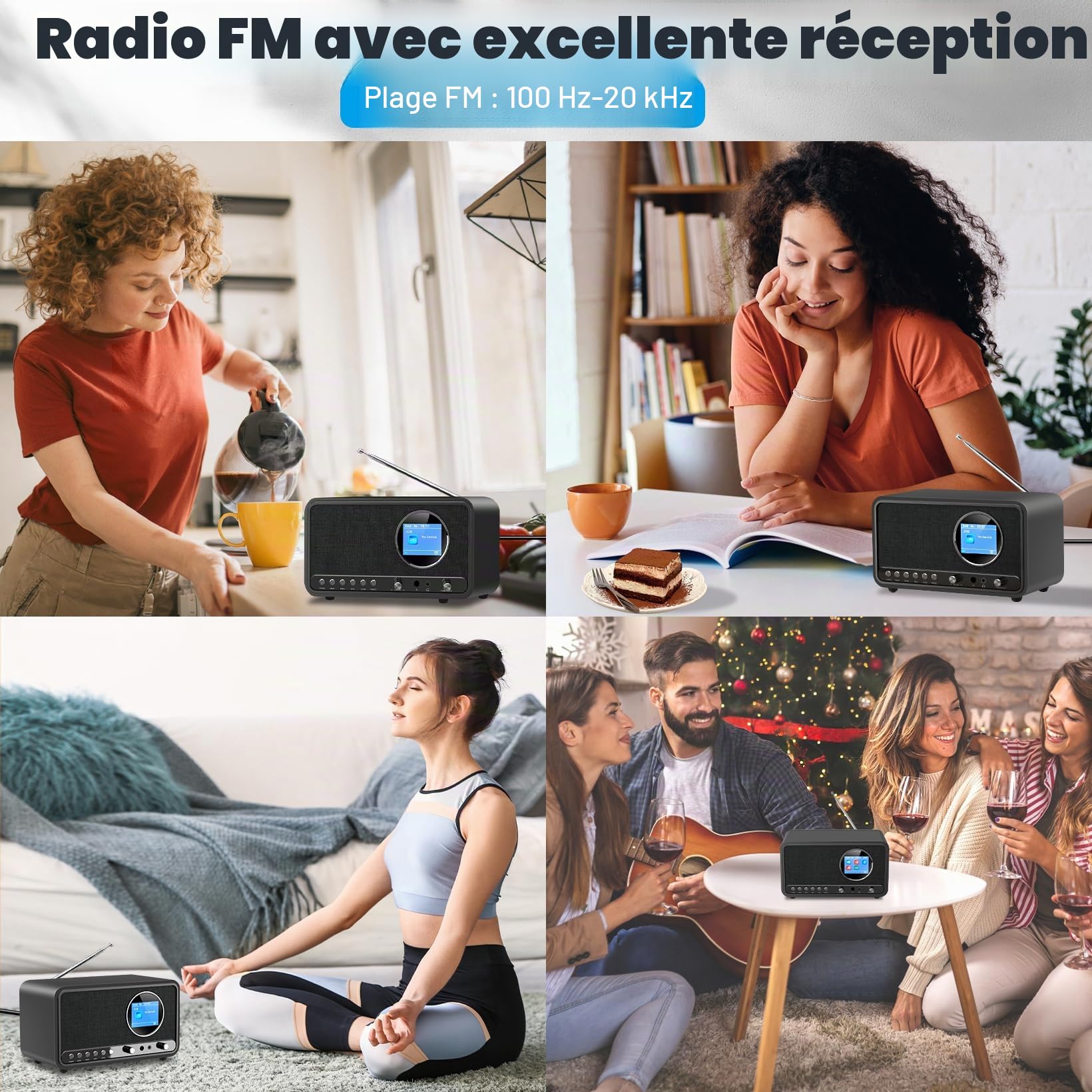 Wholede Radio DAB+/FM avec Bluetooth, radio numérique DAB Plus, radio de cuisine, radio-réveil, avec minuterie de mise en veille, alarme Snooze, USB/Aux-In, noir