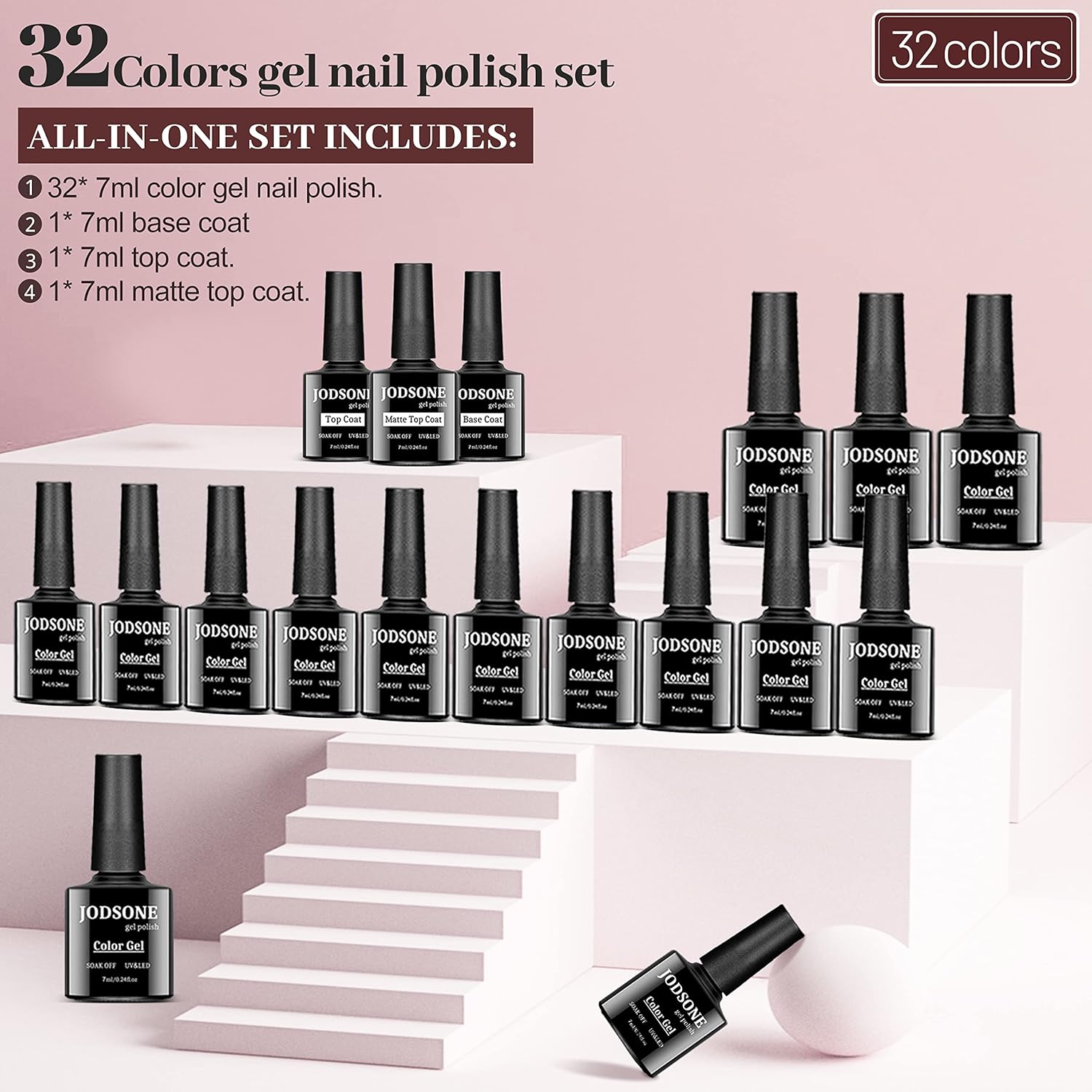 JODSONE 39-Piece Gel Nail Polish Set - 32 Colors, 4x15ML, Kit Includes Nail Dehydrator, Primer, Base Coat, Top Coat, Quick Drying, Durable Finish
