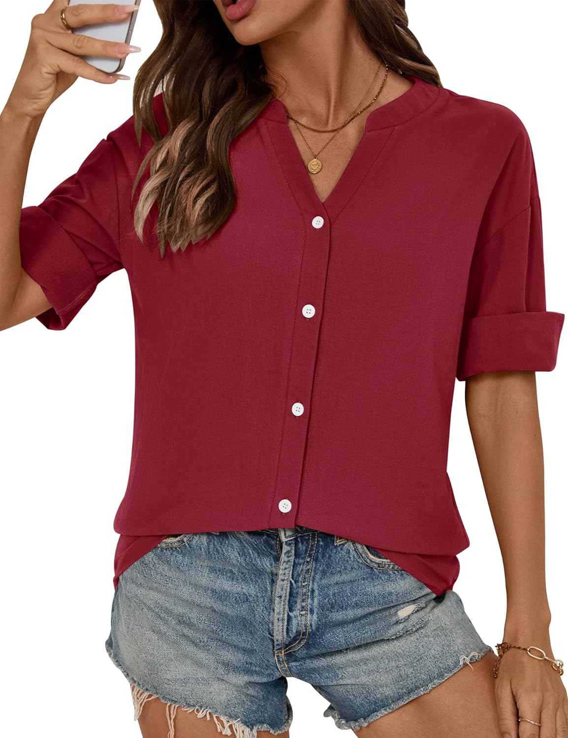 LOMON Womens 3/4 Sleeve Button Down Shirts Cotton Linen Roll Up Short Sleeve Tops V Neck Casual Loose Fit Blouses - Image 4