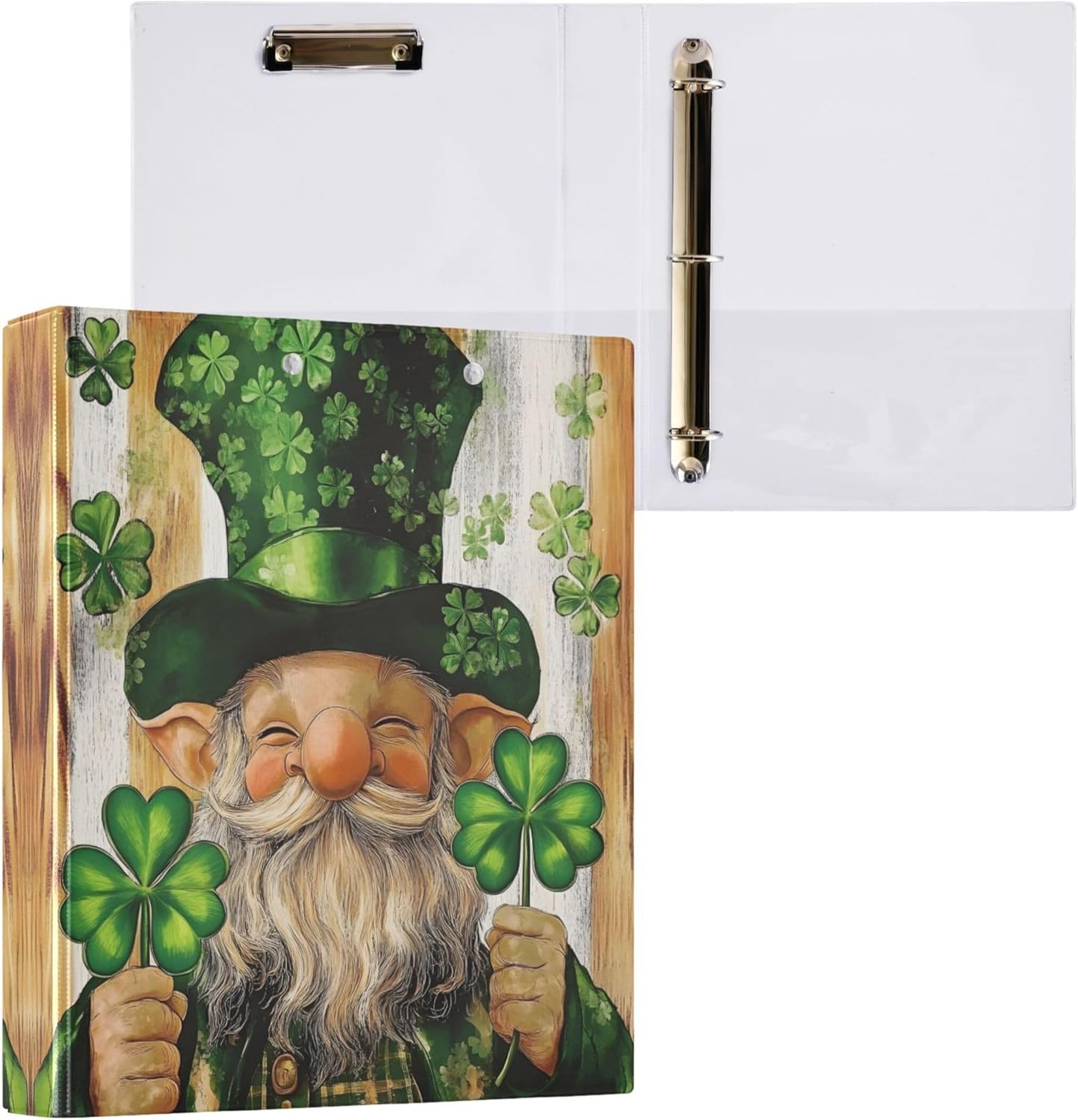 St Patrick's Gnome Clovers 3 Ring Binders, 1.5” Round Ring Binders with Clipboard - Letter Size, 3 Interior PVC Clear Pockets & Anti-Slip Clip for Office School Supplies, 2PCS