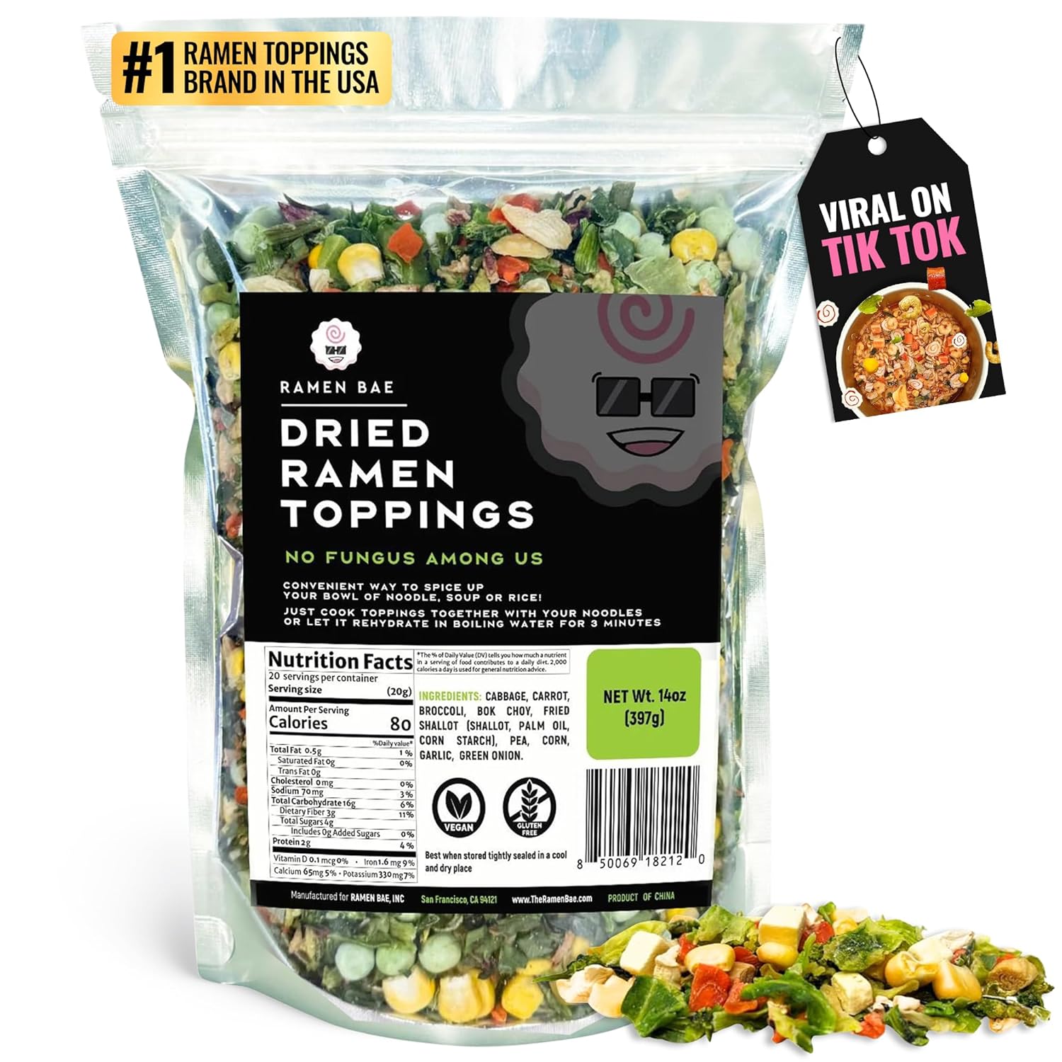 Ramen Bae No Fungus Among Us Mix Dried Ramen Toppings - Mushroom-Free, Gluten Free, Soy Free, Low Fat, Low Sodium, Dehydrated Ramen Toppers, Add Ins, Mix Ins for Noodles, Pho, Soup, Fried Rice - Up To 20 Servings