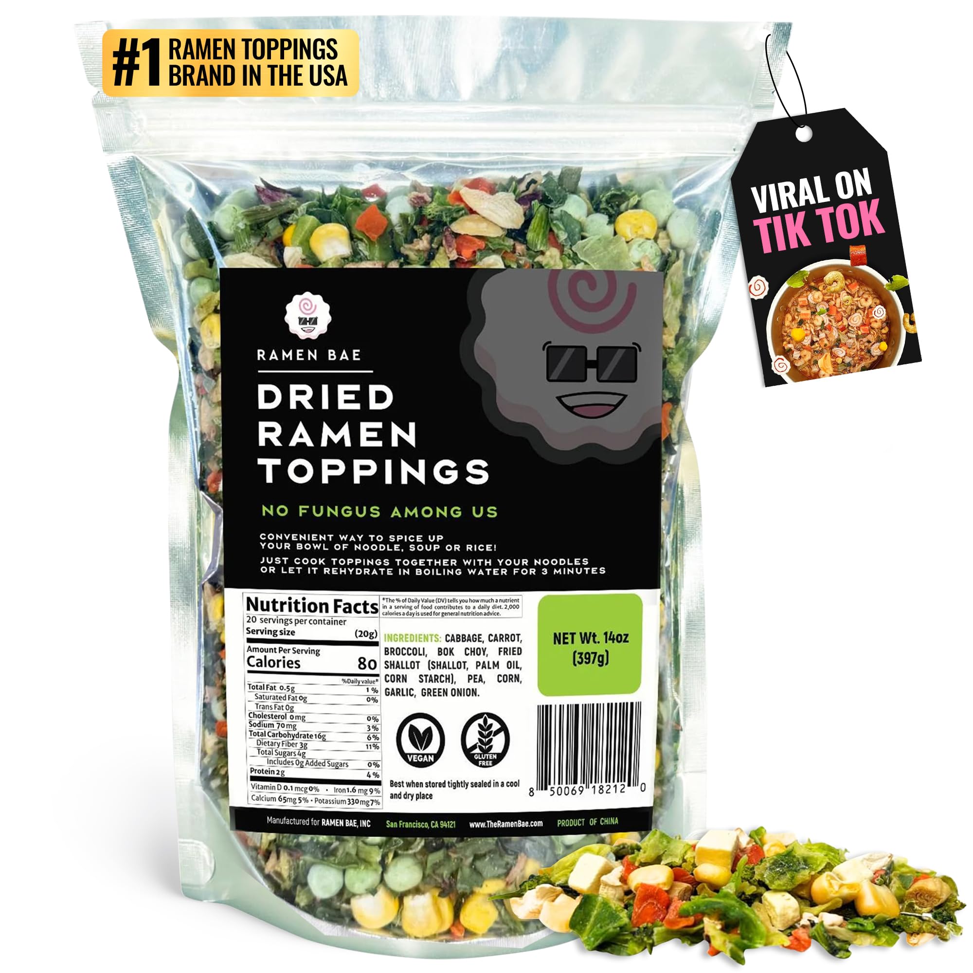 Ramen Bae No Fungus Among Us Mix Dried Ramen Toppings - Mushroom-Free, Low Fat, Low Sodium, Dehydrated Ramen Toppers, Add Ins, Mix Ins for Noodles,