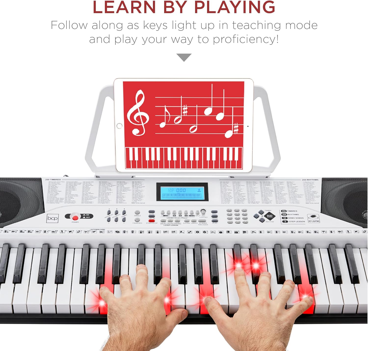 Best Choice Products 61-Key Beginners Complete Electronic Keyboard Piano Set w/Lighted Keys, LCD Screen, Headphones, Stand, Bench, Teaching Modes, Note Stickers, Built-In Speakers - White - Image 2