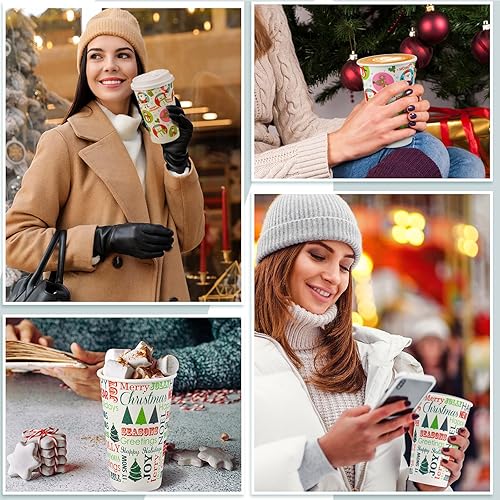 Miniatura 7 de Hotop Juego de 60 vasos de papel de Navidad de 16 onzas con tapas, vasos de papel desechables de Navidad, tazas de café, tanto calientes como fríos,