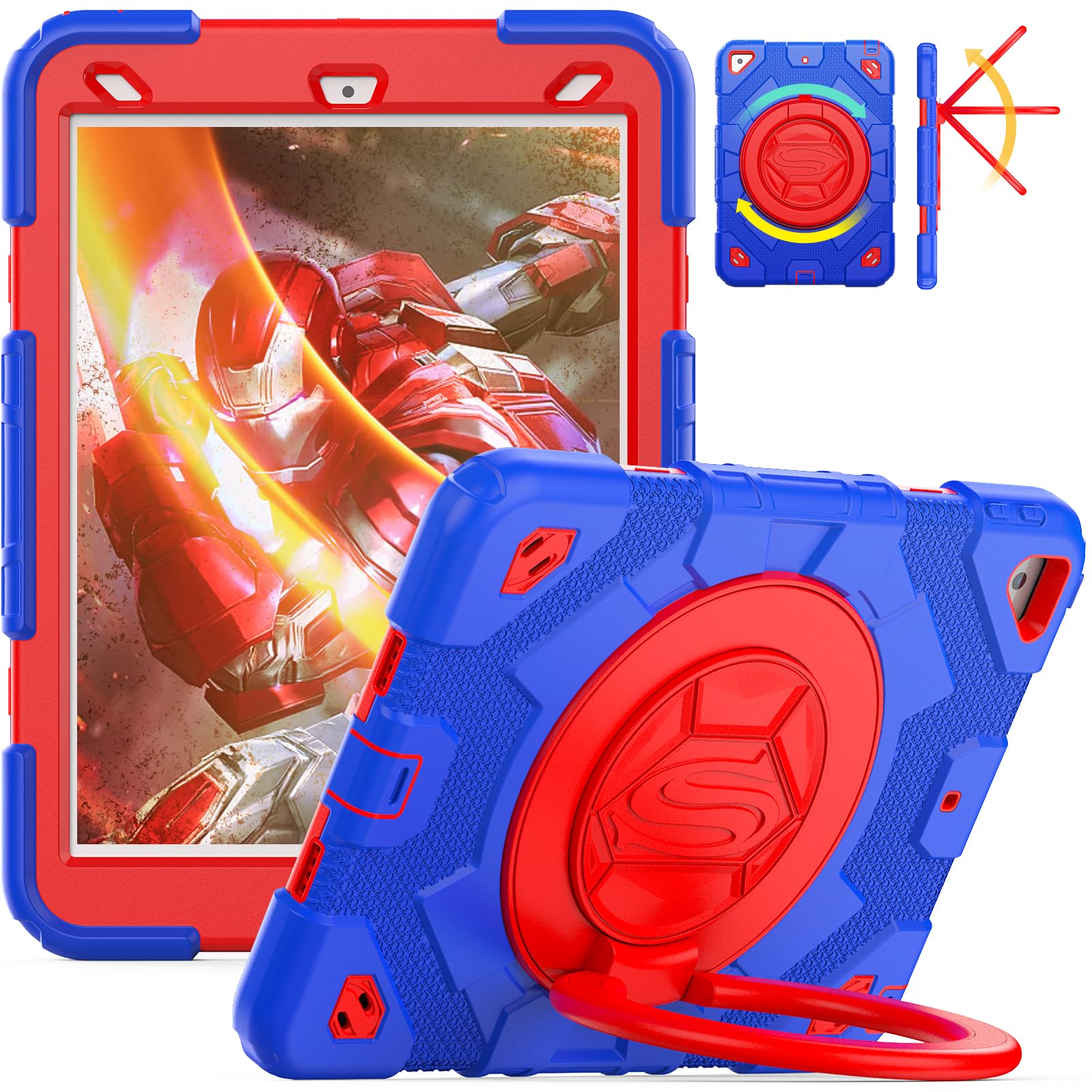 SEYMAC stock iPad 9th/8th/7th Generation Case 10.2'' with Screen Protector, 360° Rotating Handle Stand, Shoulder Strap & Pencil Holder, Heavy Duty Shockproof Case for iPad 9/8/7 (Blue+Red)