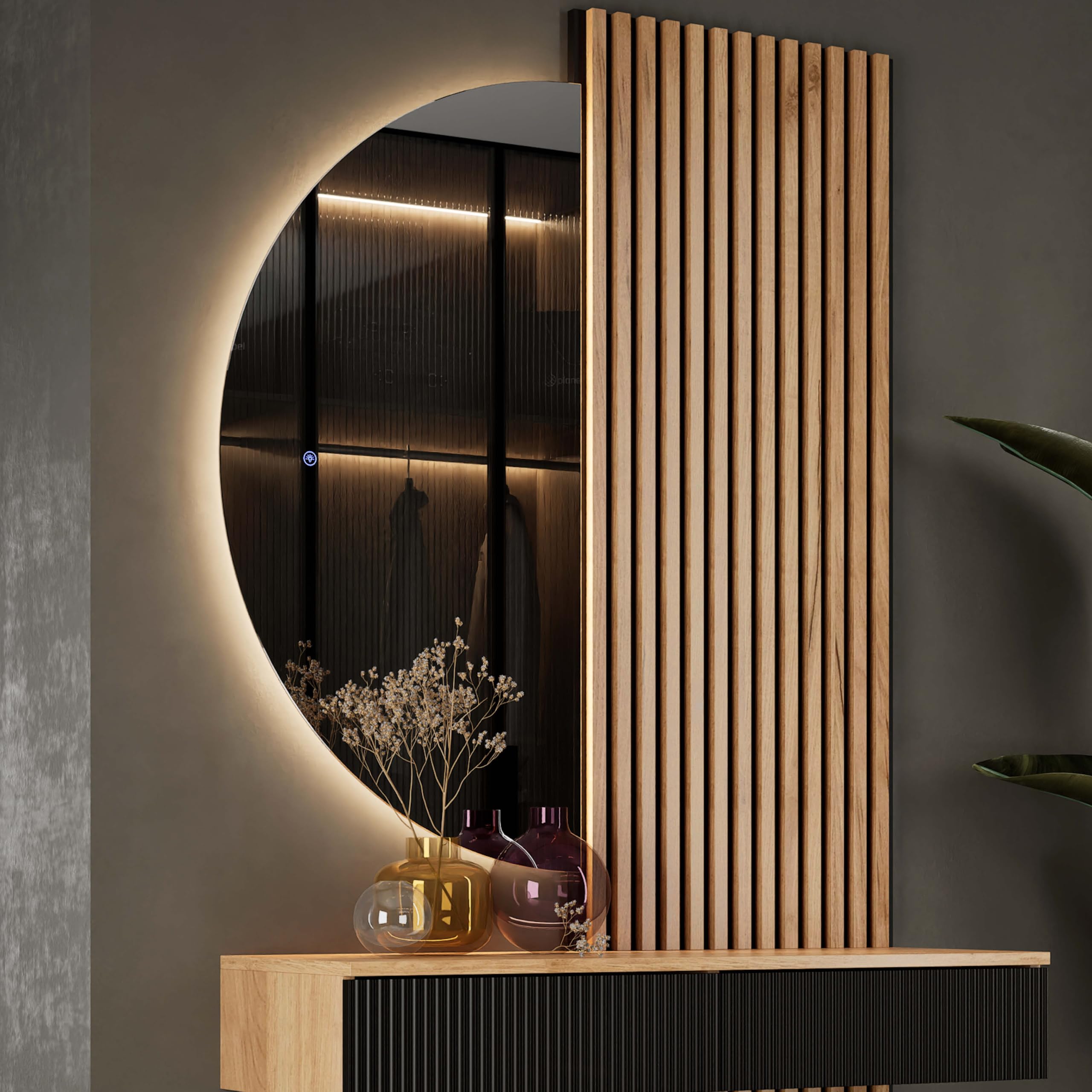 Planetmöbel NIVORA Specchio con illuminazione semicircolare Specchio con luce LED, Specchio decorativo da parete con funzione dimmer, 4200 K, luce bianca neutra, 50 x 100 cm