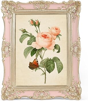 5x7 Vintage Resin Picture Frame, 5 by 7 Pink Ornate Antique Frame with Gold Trim, Retro Frame for Desktop or Wall Display, Horizontal/Vertical