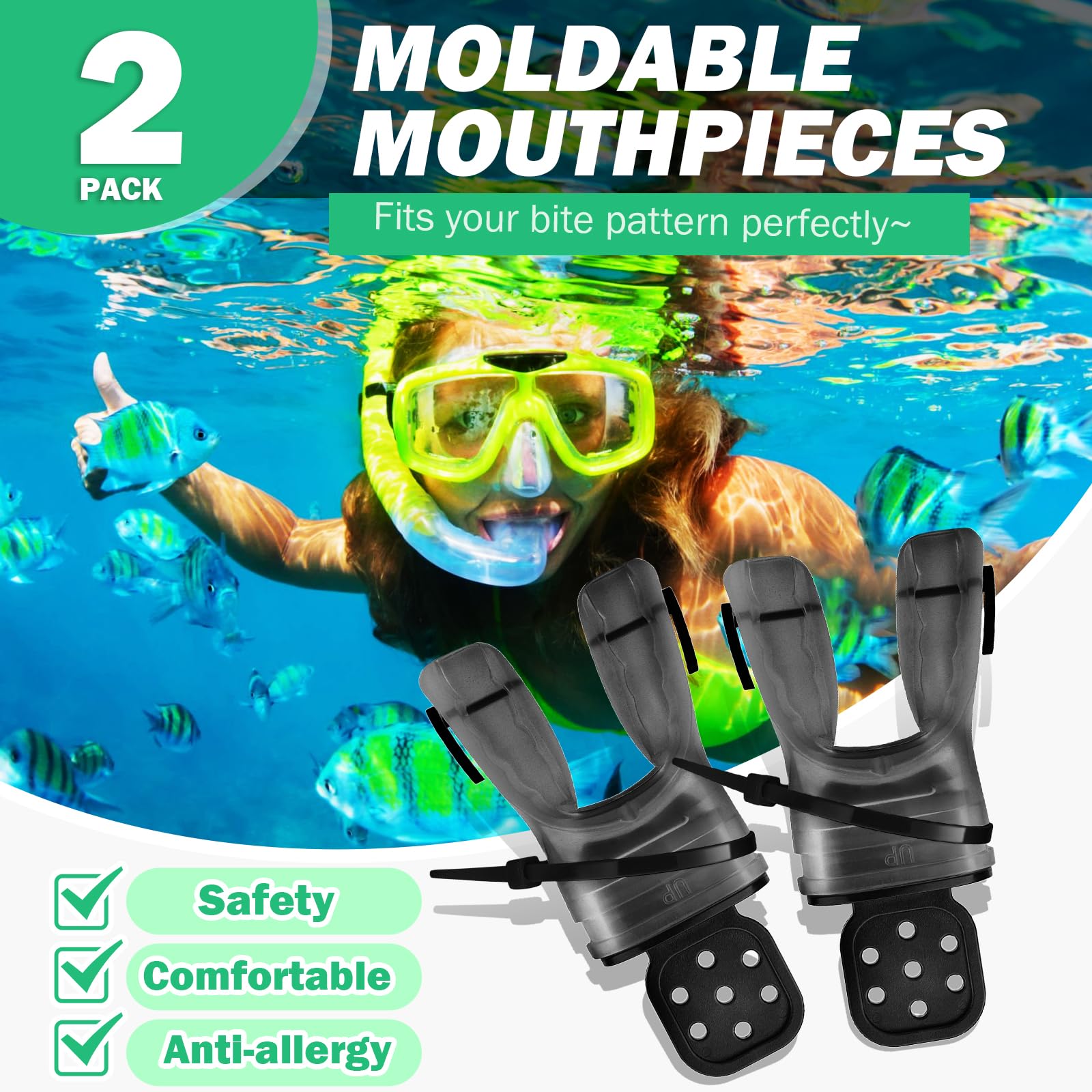 OVOVFANY 2Pack Scuba Diving Mouthpieces, Replacement Silicone Comfort Bite Customize Moldable Regulator Mouthpiece with Zip Tie Fits Most Standard Adults Diving Regulators (Transparent Black)