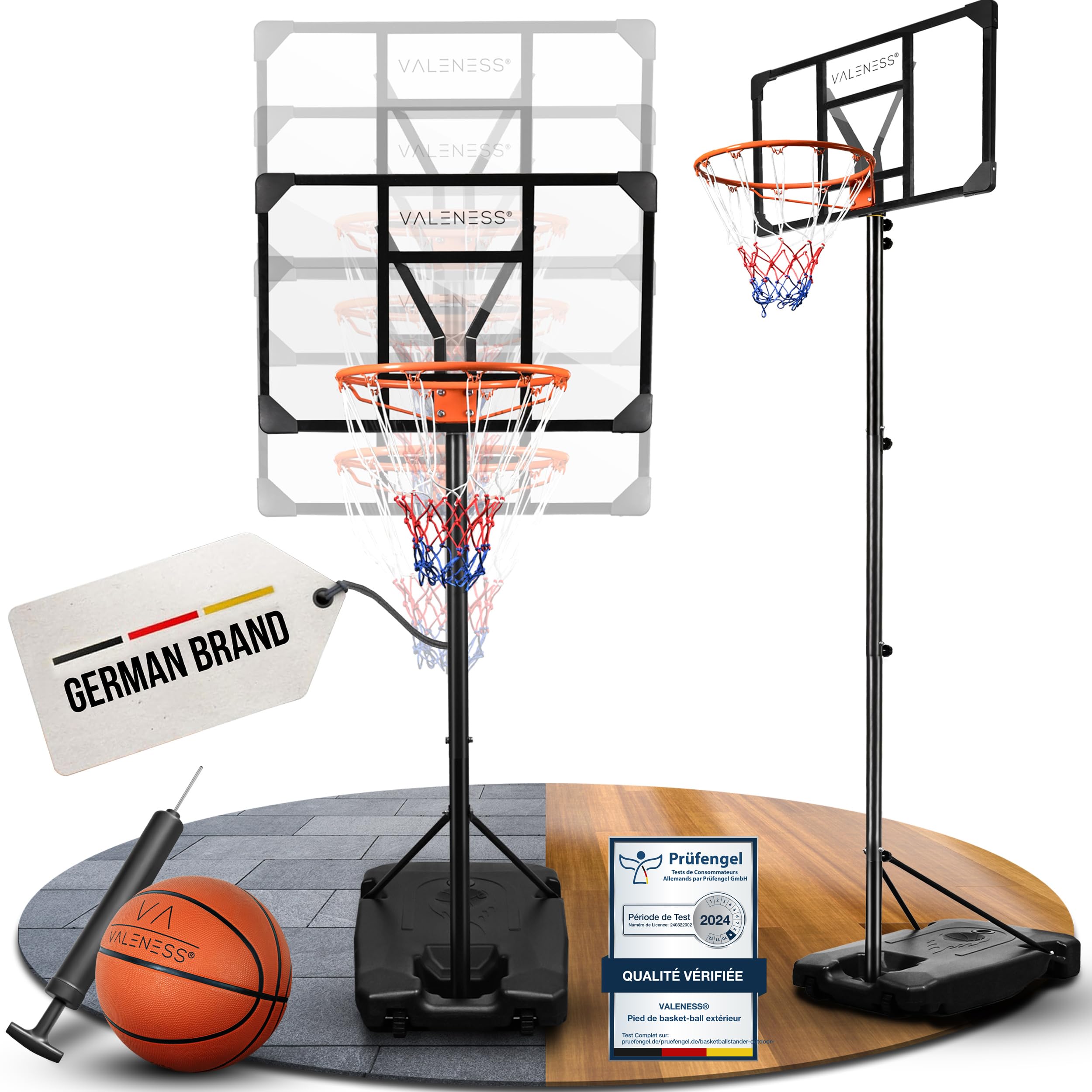 VALENESS® Panier de Basketball extérieur réglable [135-305 cm] - résistant aux intempéries, avec Ballon et Pompe – pour Enfants et Adultes