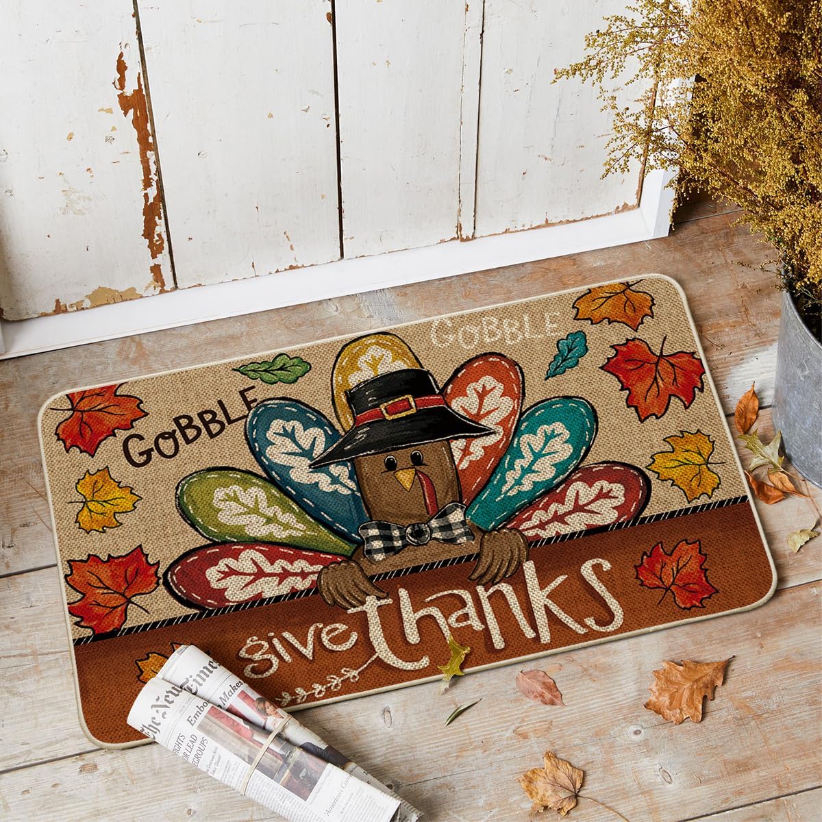 Artoid Mode Turkey Thanksgiving Doormat, Give Thanks Gobble Home Decor Low-Profile Switch Rug Door Mat Floor Mat for Indoor Outdoor 17x29 Inch