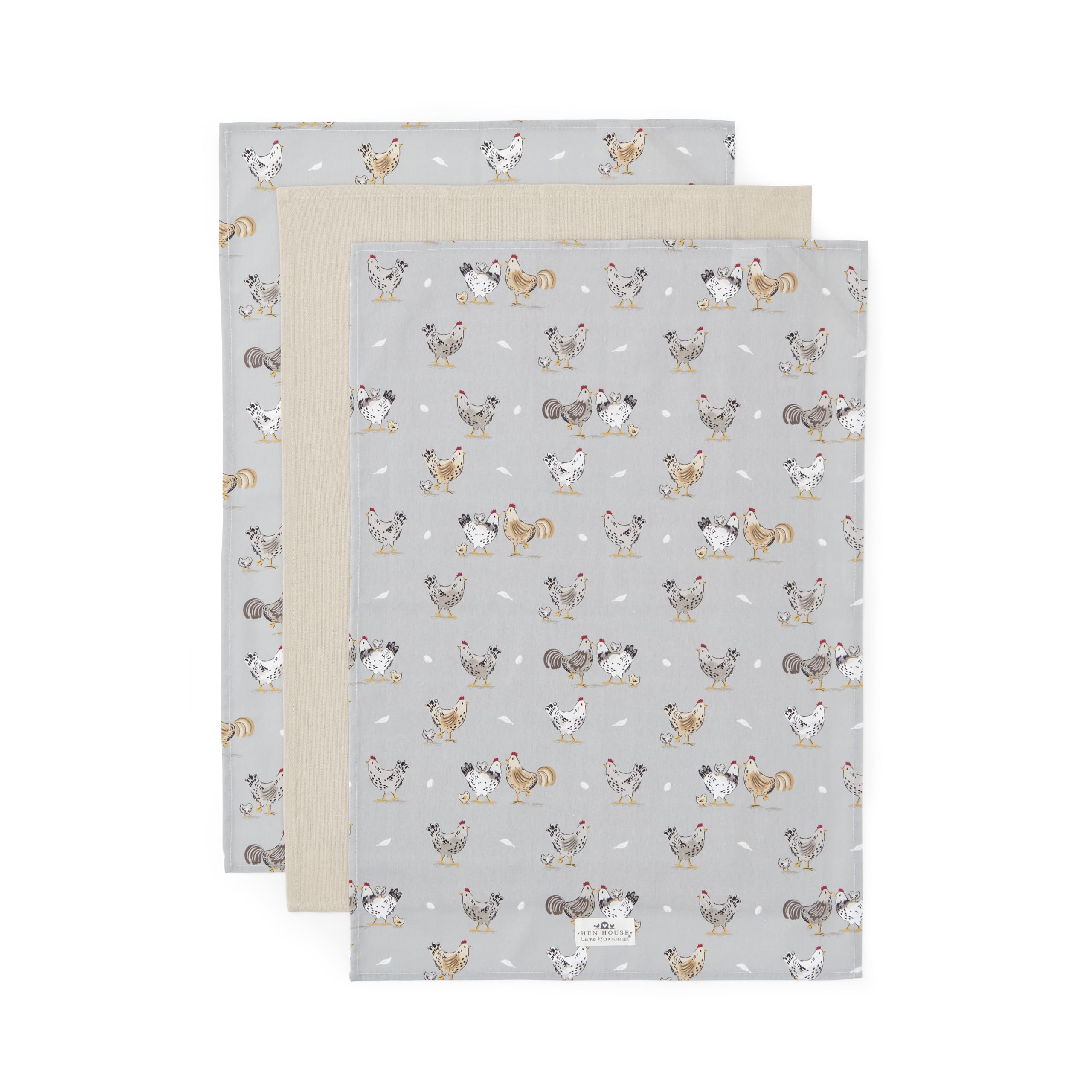 Cooksmart Hen House Lane 3 Pack Tea Towels | British Designed 100% Cotton Kitchen Towels | Farmhouse-Inspired Sage Grey Design | Soft, Absorbent & Durable Dish Cloths | Machine Washable