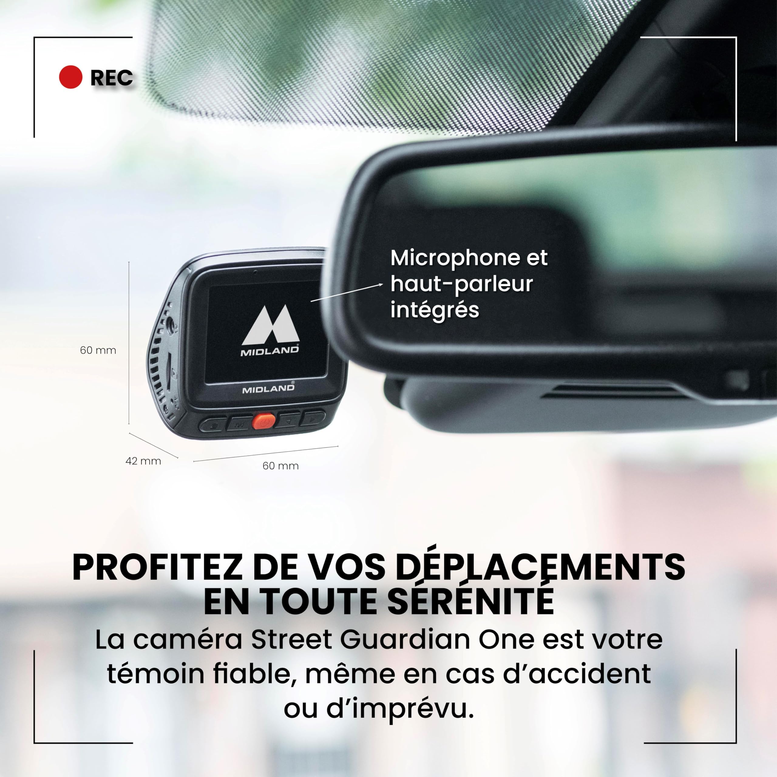 Midland - Dashcam Voiture sans Fil Avant Arriere Street Guardian One, Dash Cam avec Activation Automatique, Caméra Embarquée Accessoire Voiture Facile à Installer, Accessoires pour Sécurité Routière