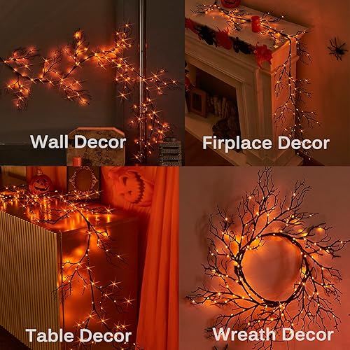 Miniatura 4 de Hairui Guirnalda de Halloween con luces, 120 luces de hadas bicolor naranja y morado, 8 funciones, guirnalda negra iluminada de 6 pies, funciona con