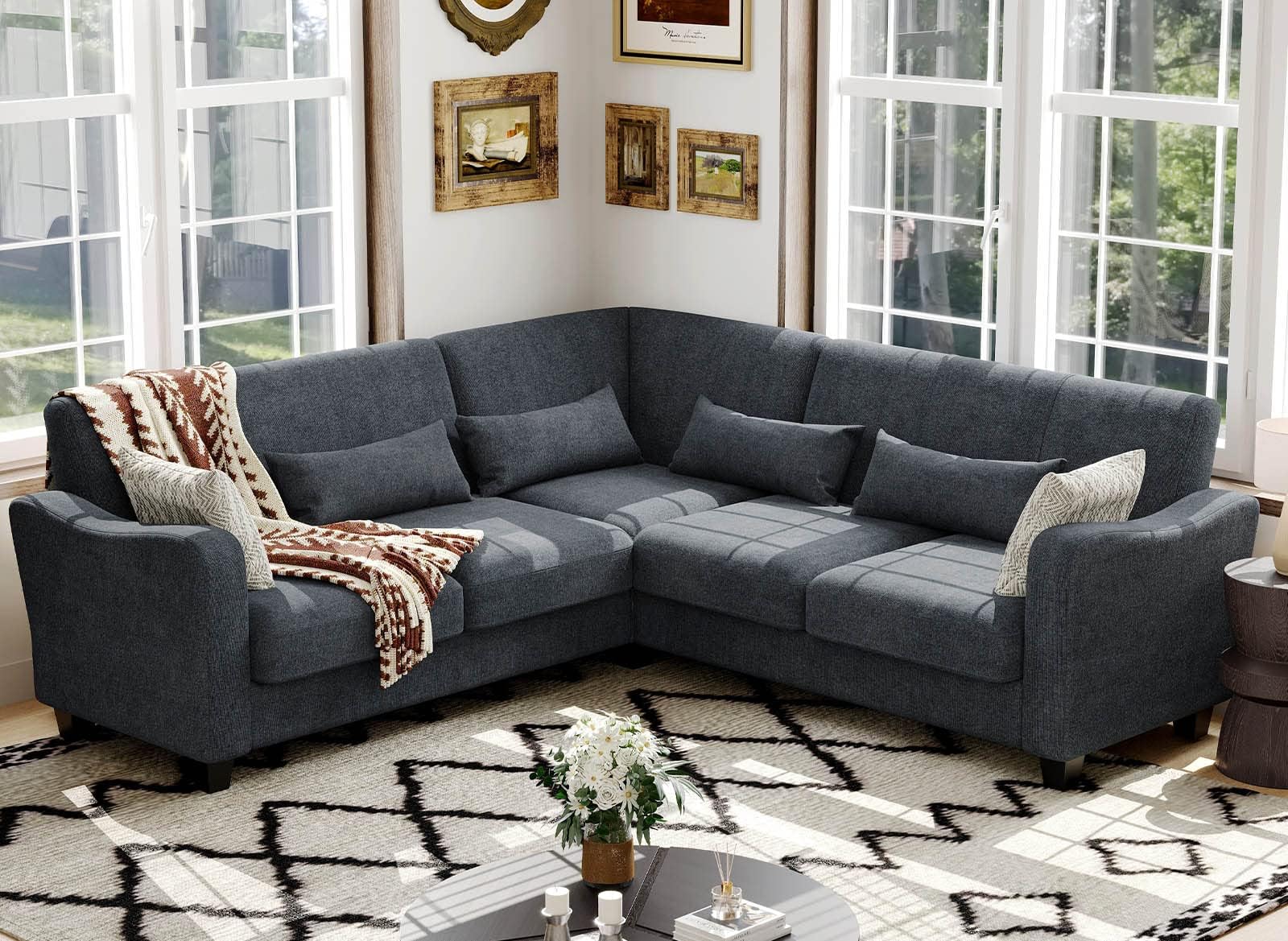 Belffin Fabric L Shaped Sofa Small Sectional Couch with Chaise Solid Corner Sofa Small L Couches 4 Seater Sofa Bluish Grey