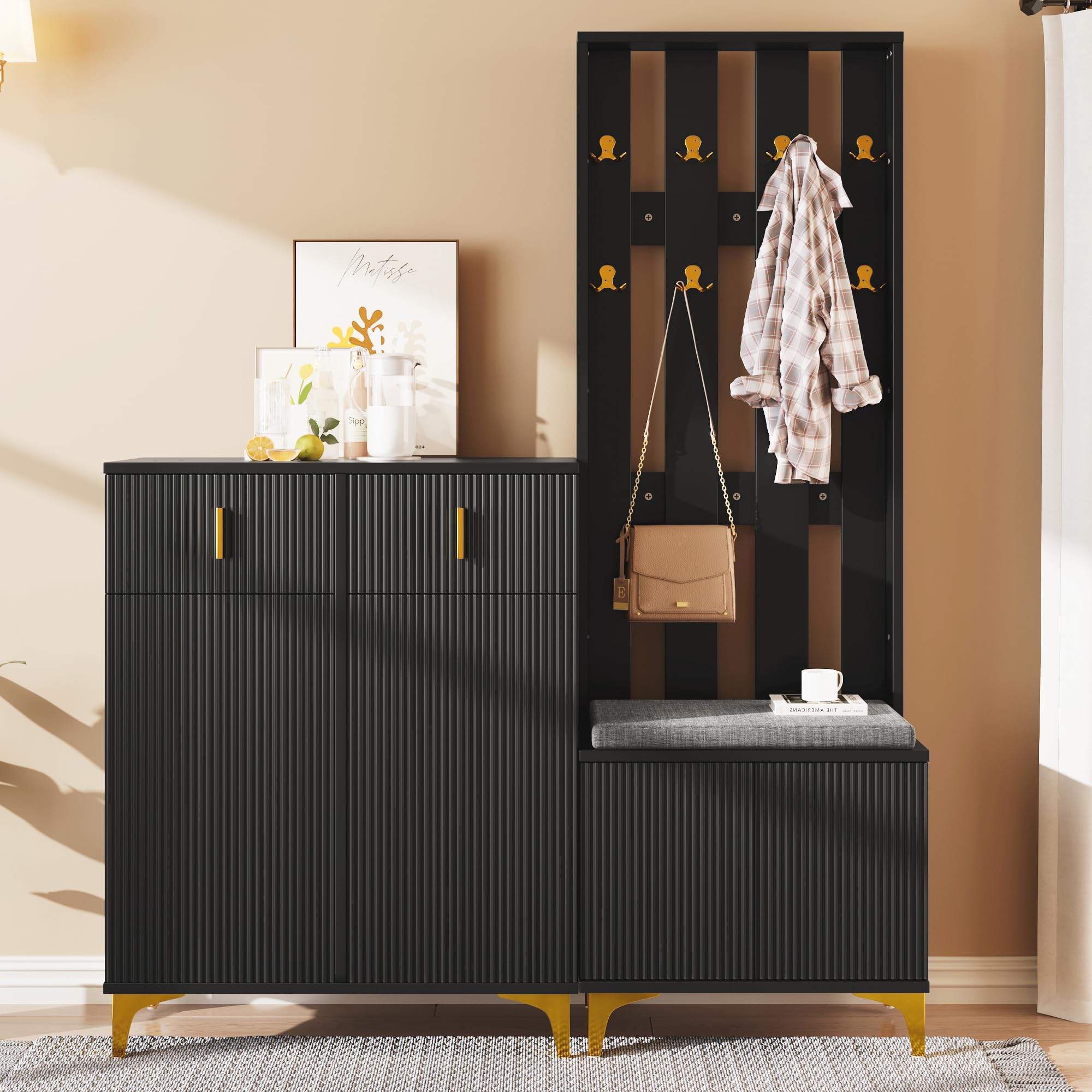 KAZZIO Set appendiabiti con scarpiera e cuscino, con gancio, scarpiera con cassetti e ante (nero)