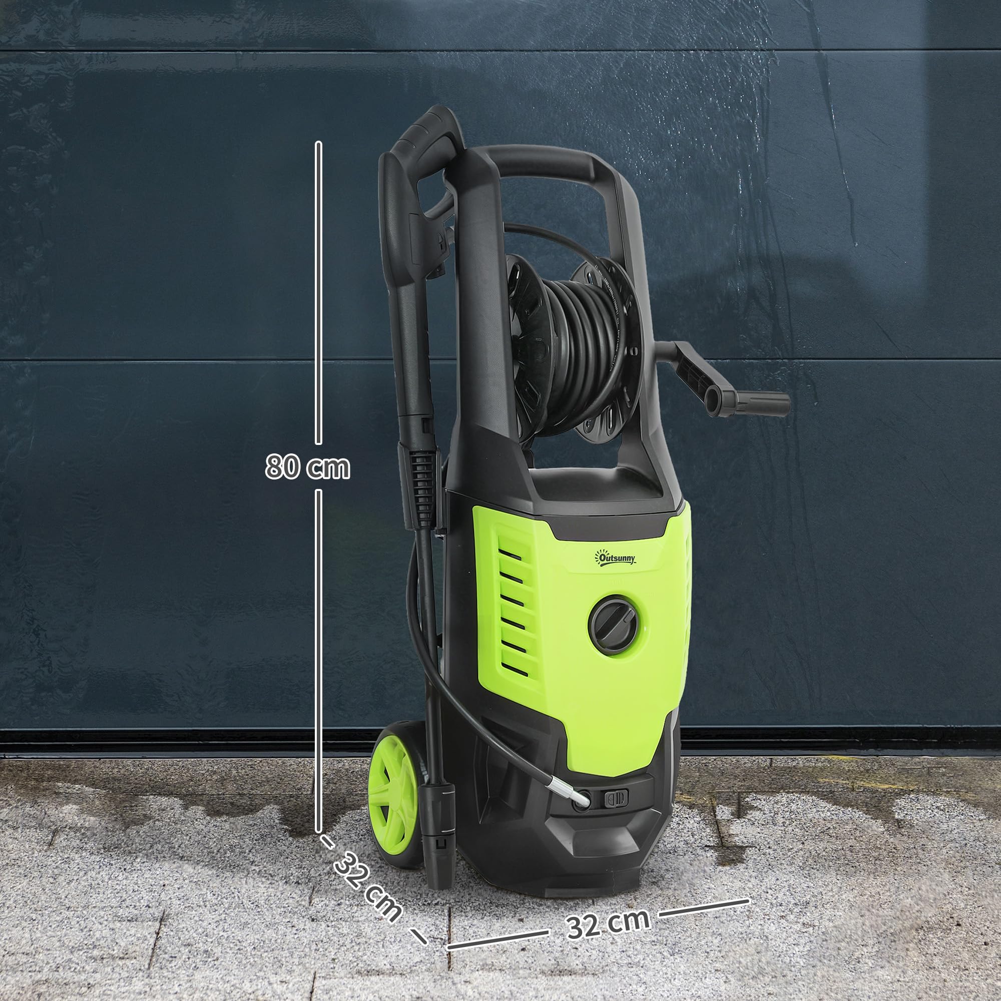Outsunny Hidrolimpiadora de Alta Presión 2200W, Presión 170 Bar, Caudal 420 L/h, con Bomba de Aluminio, Parada Automática, Manguera de 6 m, Incluye Botella de Espuma y Boquilla Ajustable Verde y Negro