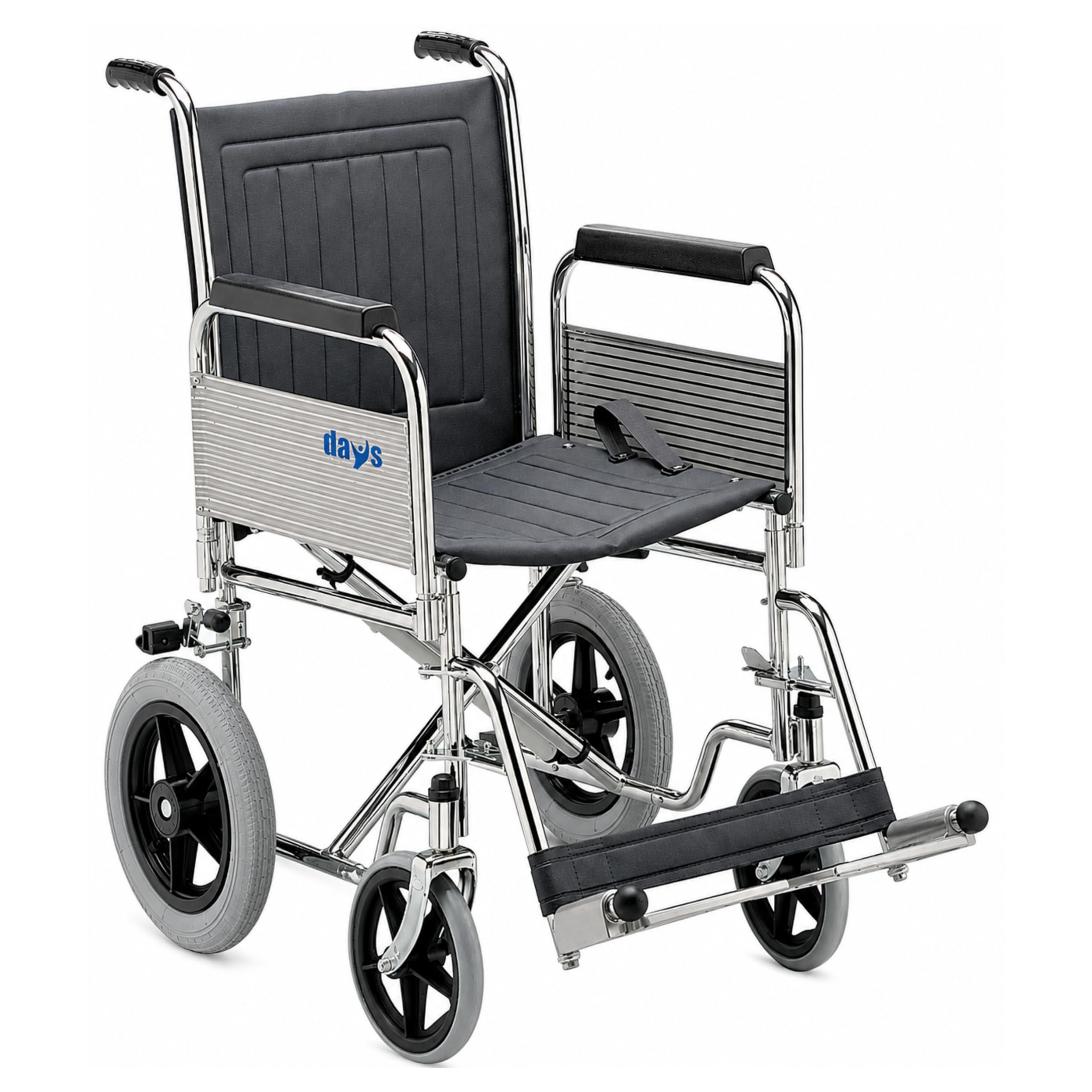 Days Transit Wheelchair, 41cm (16"), Chrome Plated Steel Frame, Detachable Armrests & Detachable Swing Away Footrests, Wipe Clean Seat, Folding Back for Transport, (Eligible for VAT relief in the UK)