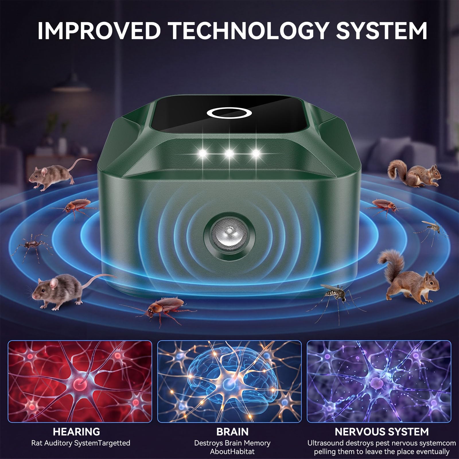 Condition photo showing New/Like New for 2026 ultrasonic mouse repellent plug in, 4 modes rodent repellent devices indoor with led strobe light, squirrel deterrent for rat mice spider bat bug roach,pest control for attic garage rv,etc.