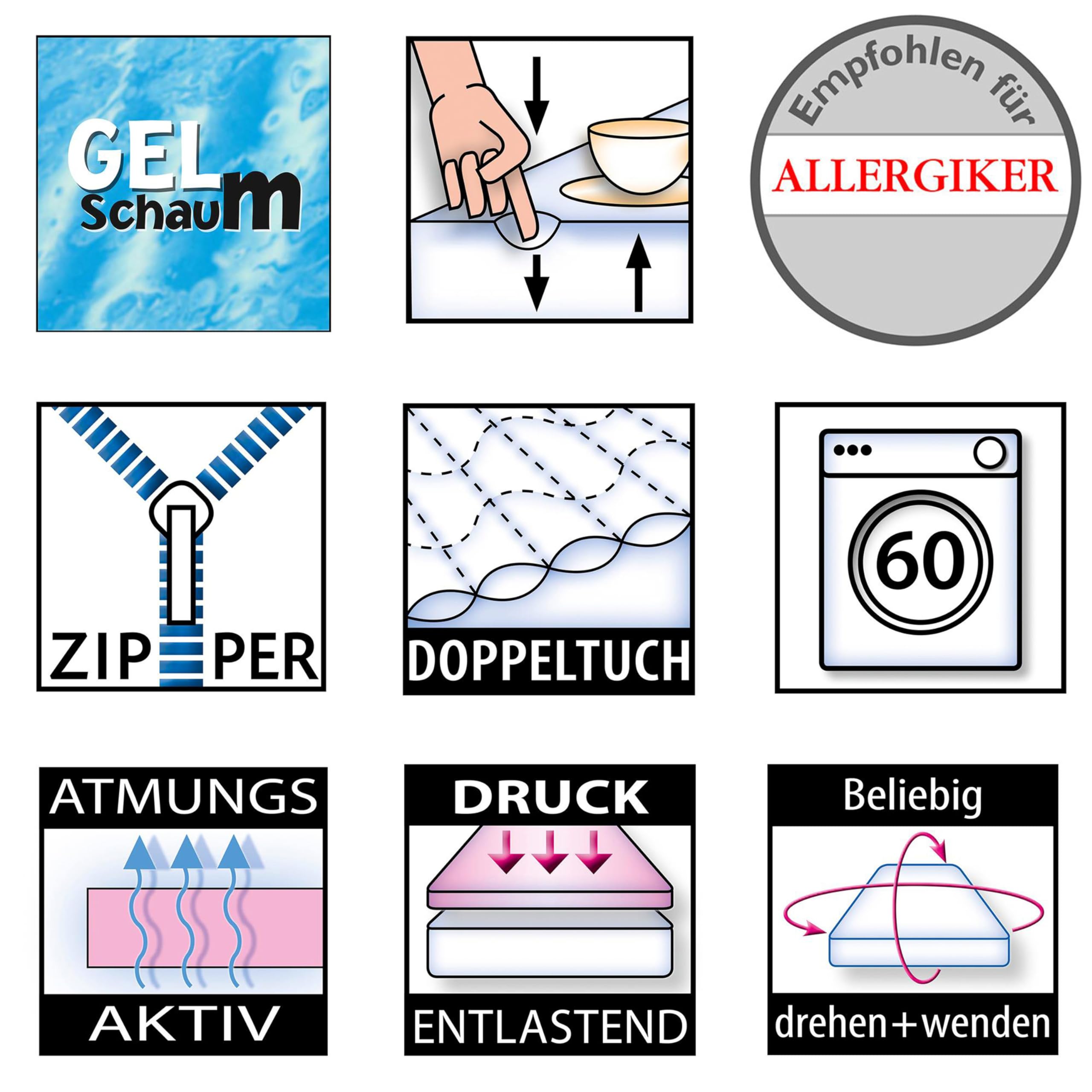 BettenABC - Gelschaum Matratzentopper - 180x200 cm - 3-Schicht-Aufbau - Druckentlastend, Atmungsaktiv & Rutschfest - Für Allergiker & Alle Schlaftypen geeignet - Waschbarer Bezug - Lieferung per Paket