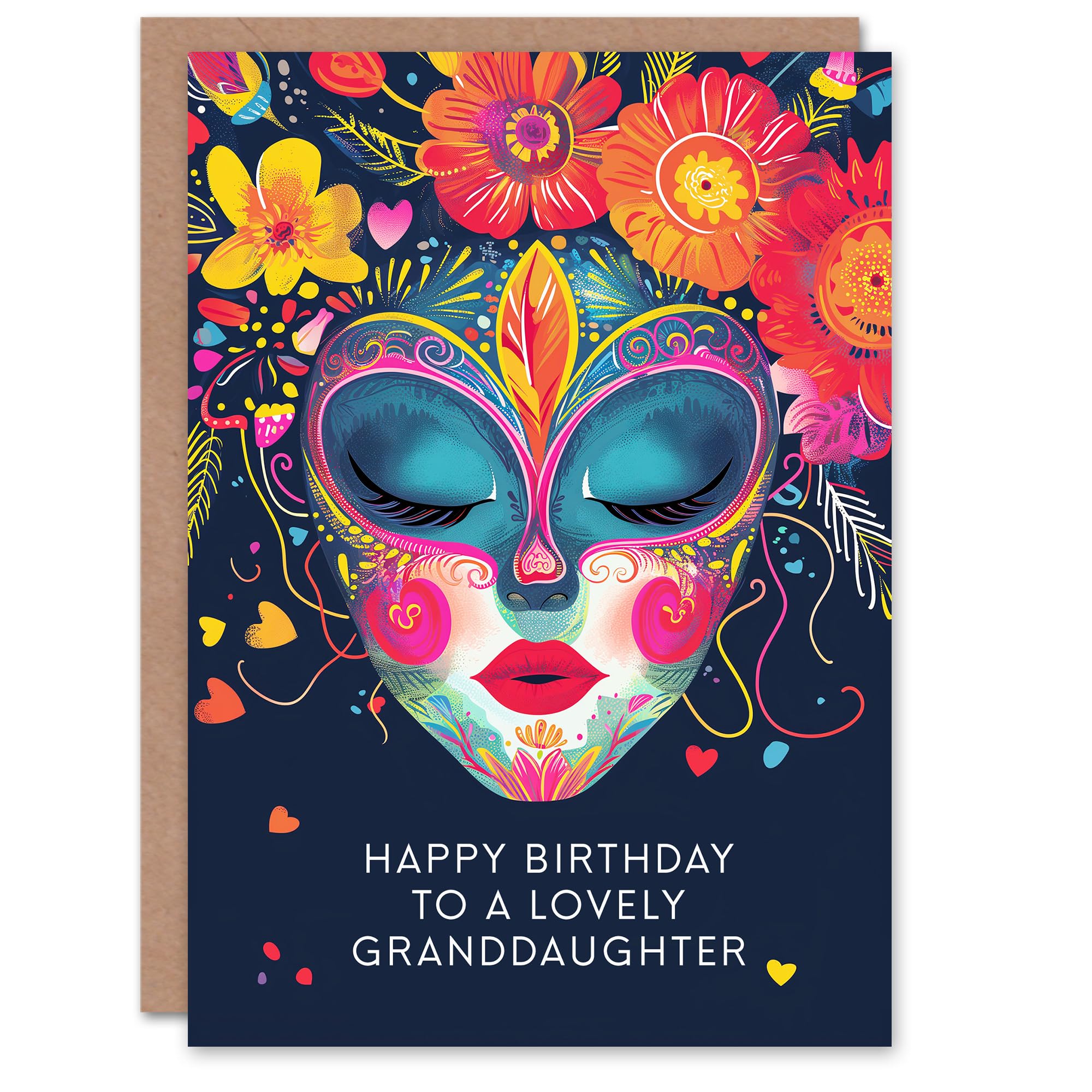 Artery8 Granddaughter Happy Birthday Card Floral Headdress Love Hearts Flowers Venetian Mask For Her Greeting Card