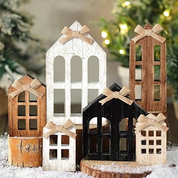 Yuntau 6 Pcs Christmas Table Decoration Wooden Farmhouse Table Centerpieces Rustic Christmas Tree House Reindeer Elk Angel Snowflake Wooden Sign Block Tiered Tray Decor for Xmas GiftsWindow Pane