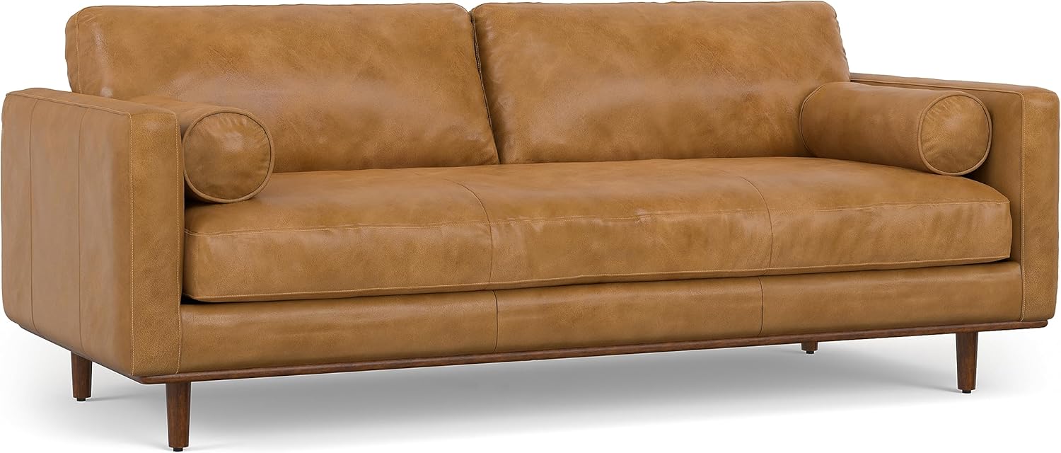 SIMPLIHOME Morrison Mid-Century Modern 89 inch Wide Sofa with Ottoman Set in Sienna Genuine Leather for the Living Room and Family Room