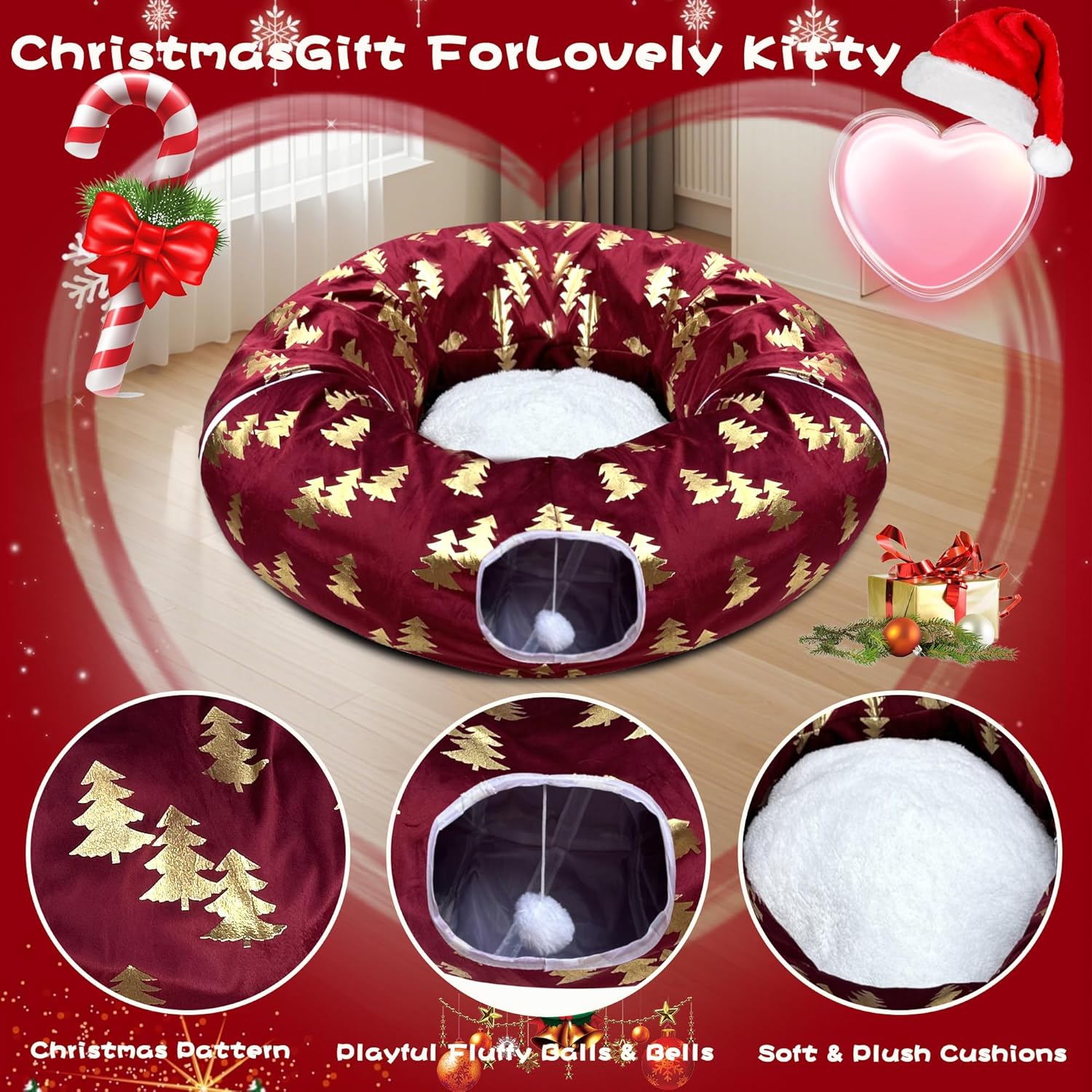 LUCKITTY Plush Christmas Tree Pattern Cat Tunnel Bed Under Christmas Tree with Premium Gold Foil & Hanging Plush Ball, 10-Inch Diameter 3-Ft Wide Round - Divert Cats from Decor Red Color