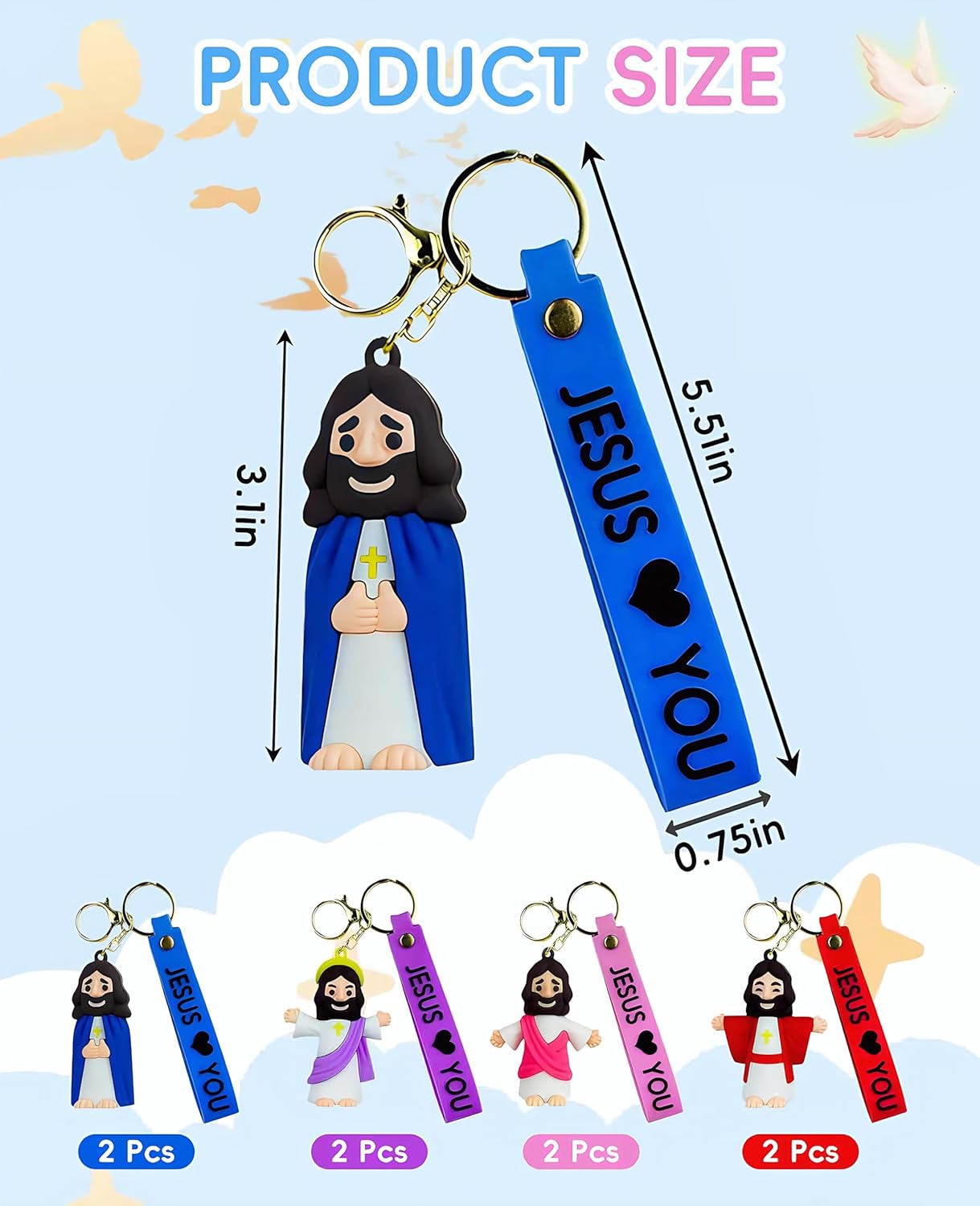 8PCS Jesus Loves You Figures Keychain, Christian Jesus Key Chains Bulk, Little Classic Jesus Figurines - Image 2