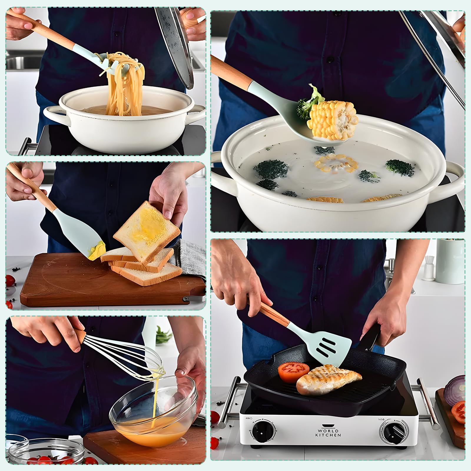 Küchenhelfer-Set, Silikon-Kochutensilien-Set mit Holzgriff, hitzebeständig, antihaftbeschichtet, BPA-frei, spülmaschinenfest, 12-teilig