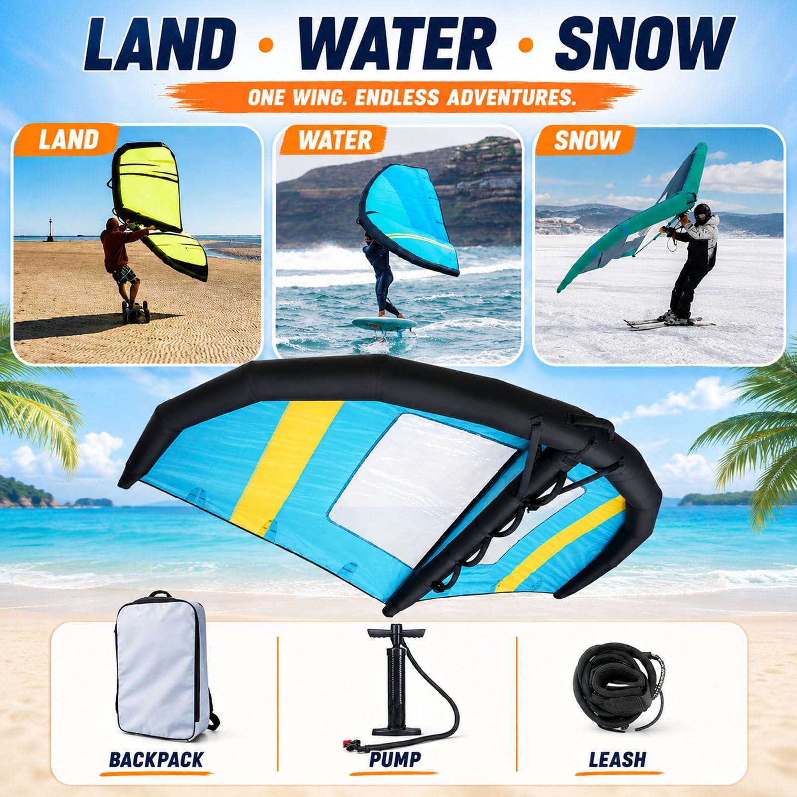 Aufblasbarer Surf-Windflügel mit ergonomischem Griff 4m² | 4/5/6 m² Flügelsegel mit zwei Luftkammern für Erwachsene, die Wingfoiling, Stand-Up-Paddling und Hydrofoiling betreiben